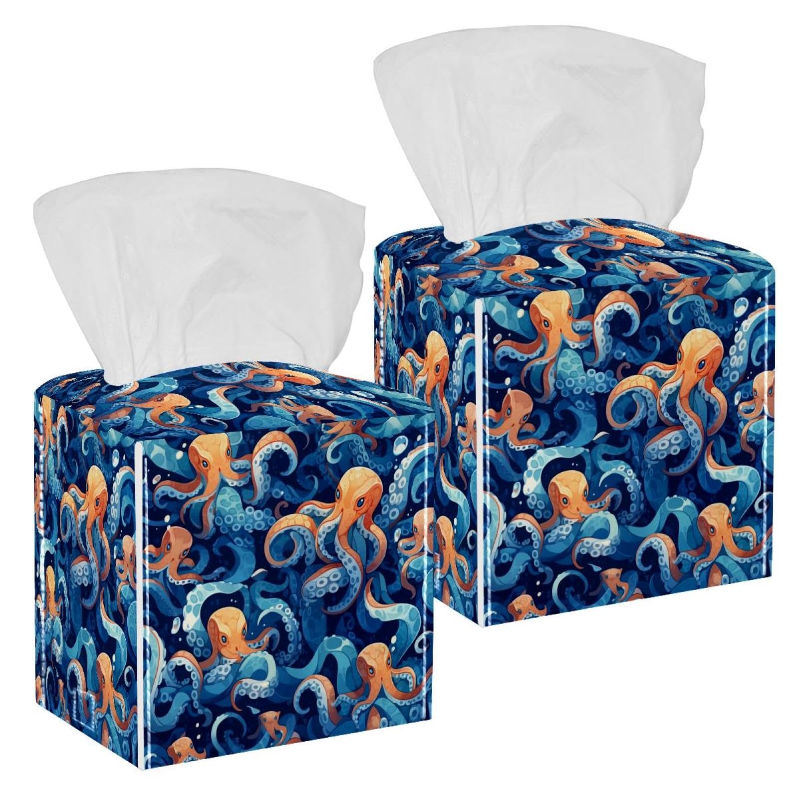 Cartoon Octopus Tissue Box Cover, 2 Pack PU Leather Square Facial Tissue Dispenser Box holder for Home Office Car