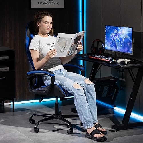 Miniatura 9 de Silla de videojuegos de piel sintética para masaje, silla de videojuegos para PC con soporte lumbar para hombres y mujeres, oficina en casa, altura