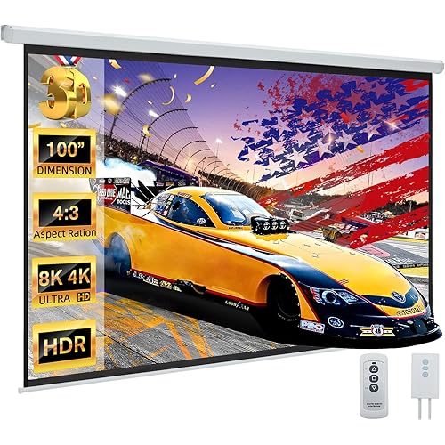 YODOLLA 100" Projector Screen Motorized 4:3, 4K HD Pull Down Retractable Projection Screens Electric Automatic Wall Ceiling Movie Screen for Office Classroom Indoor with Remotes…