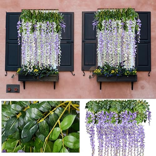 Miniatura 5 de DearHouse 12 Pack 3.6 Feet Artificial Fake Wisteria Vine Ratta Hanging Garland Silk Flowers String Home Party Wedding Decor (Purple 2)