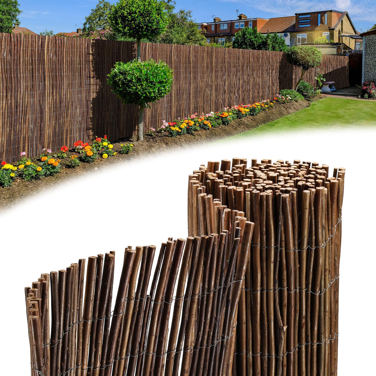 Peviasot Weidenmatte 180 x 500 cm, Ø6-13mm, Natürlicher Sichtschutz für Garten, Balkon und Terrasse, Wind- & Sonnenschutz, Balkonzaun, Flexible Montage, Braun