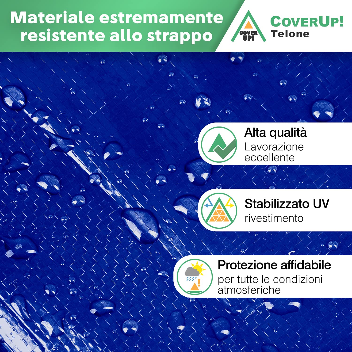 CoverUp! Telo impermeabile blu 4 x 6 200 g/m² con 10 gomas di fissaggio e occhielli in alluminio – extra resistente UV e strappi – copertura premium