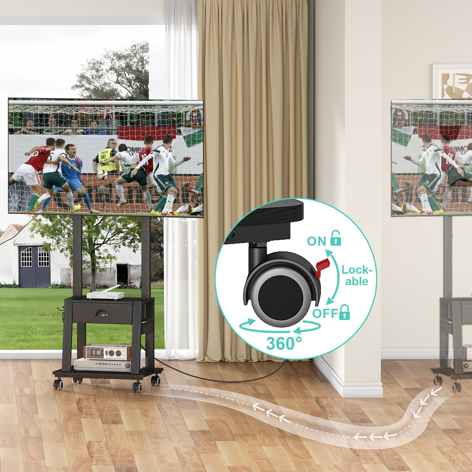 Mobile TV con presa di corrente, carrello TV inclinabile con cassetto per schermo piatto/curvo da 23-60 pollici fino a 22,7 kg, supporto portatile per TV su ruote, per interni ed esterni, VESA max 400