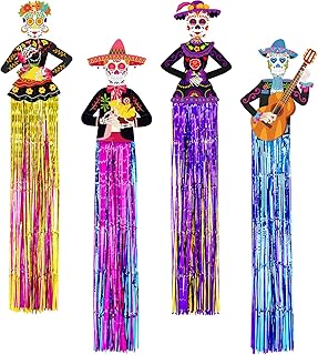 4 Pieces Day of The Dead Hanging Decorations Dia de Los Muertos Decor Banner for Party Decorations Home Indoor Outdoor Supplies, Halloween Sugar Skull Decor