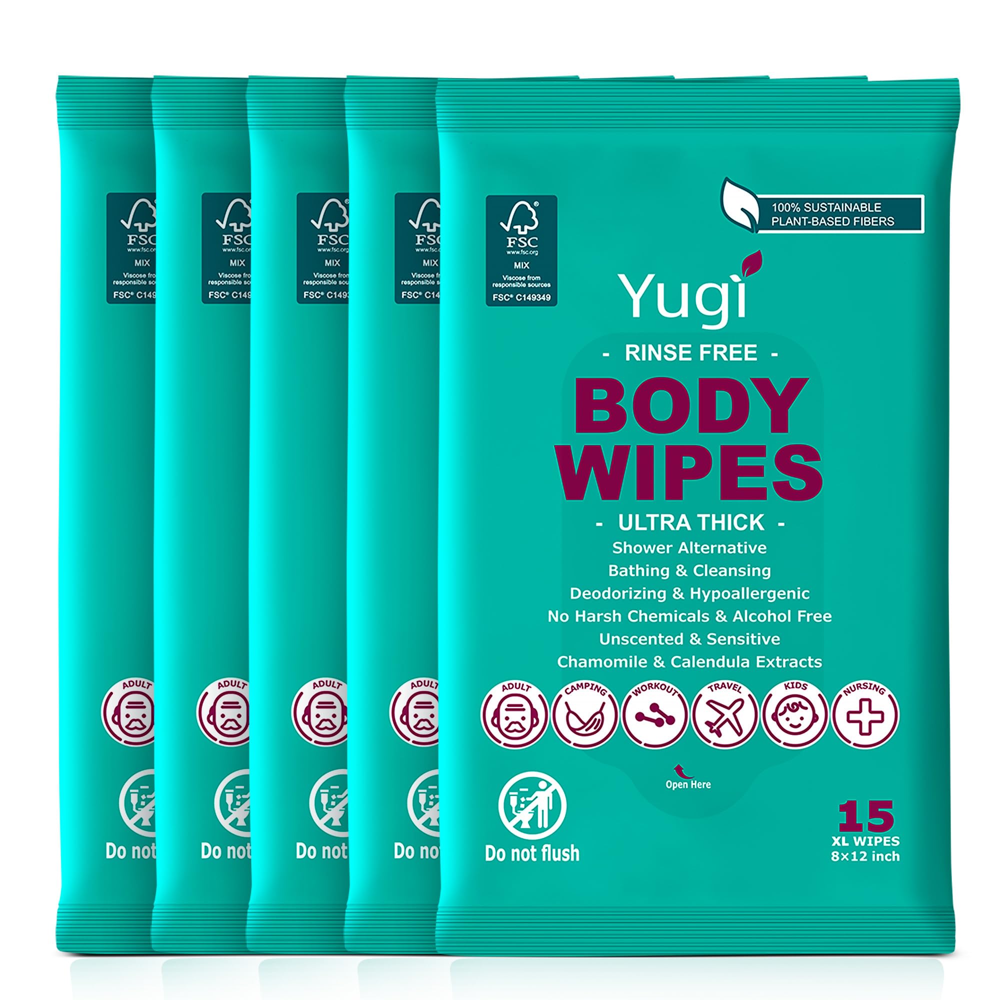 Body wipe (5 packs) 75 XL ultra thick shower wipes for Adult Bathing, Camping, Traveling, Gym, Nursing,car,Unscented,no-rinse bathing washcloths,