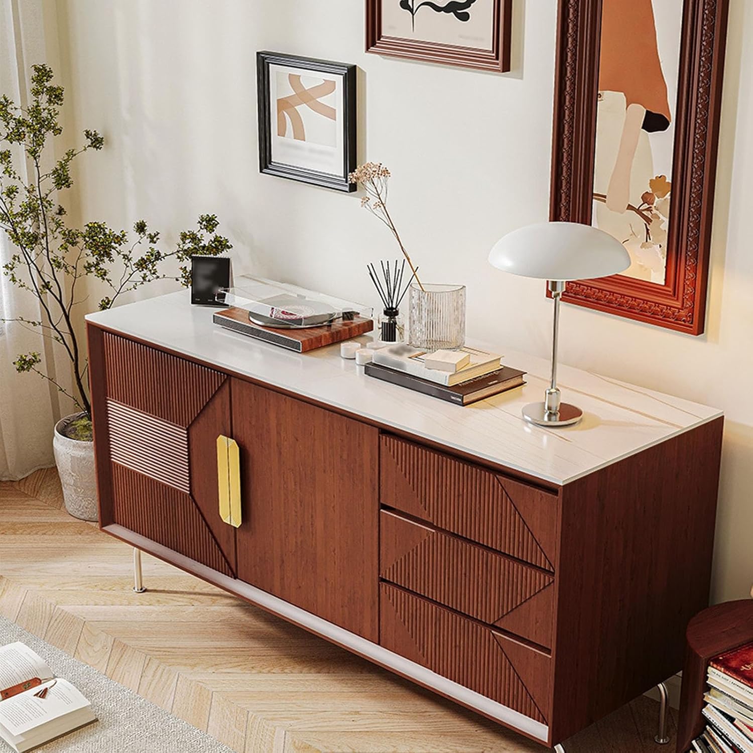 Buffet Cabinet Sideboard Buffet Cabinet Solid Wood Storage Vintage Living Room Slate Surface Entryway Kitchen Cabinet