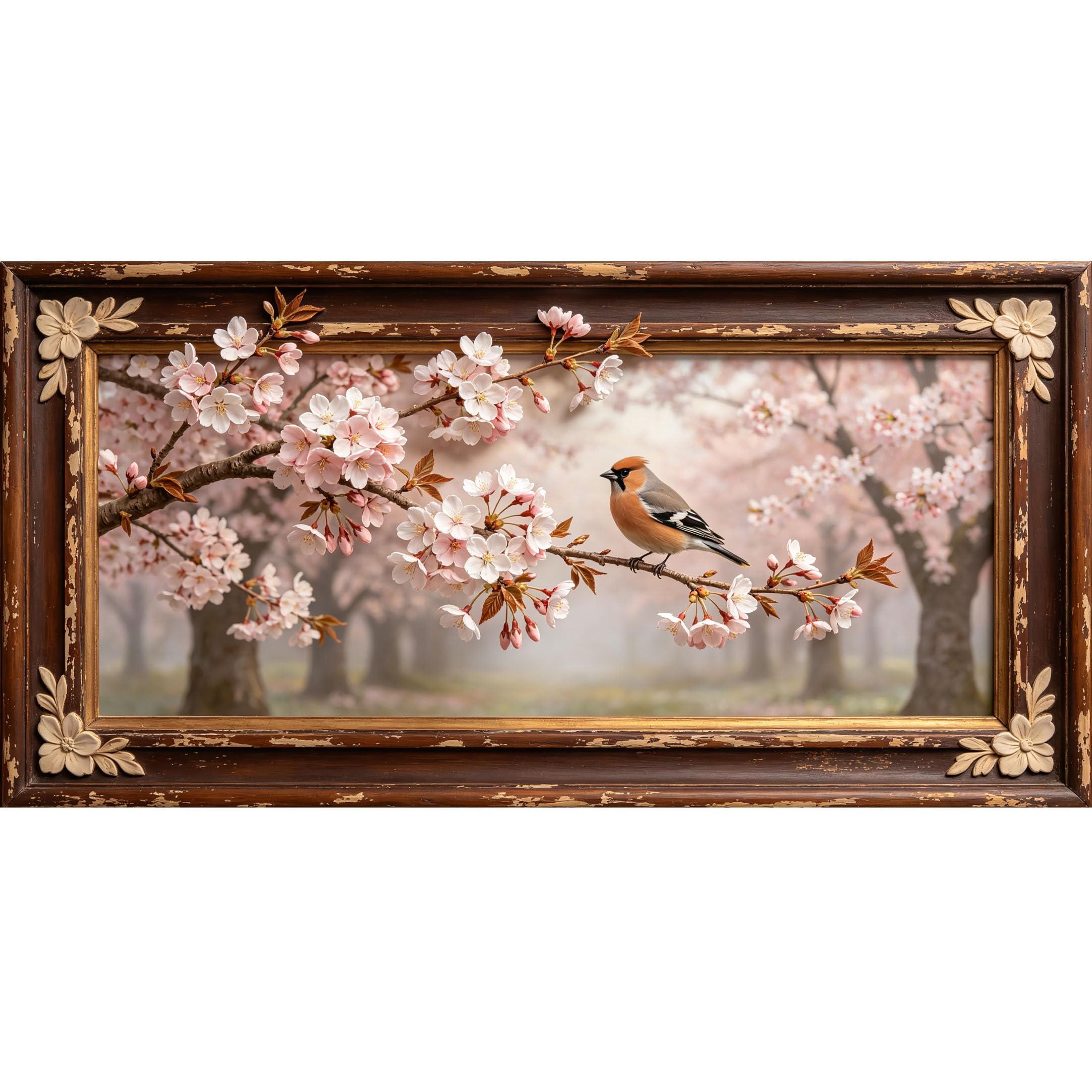Agglomerix 3D Framed Wall Art Cherry Blossom Bird Branch Botanical Watercolor Nature Landscape Large Size Self-Adhesive Removable Wall Decor Prints Artwork for Living Room Bedroom Office