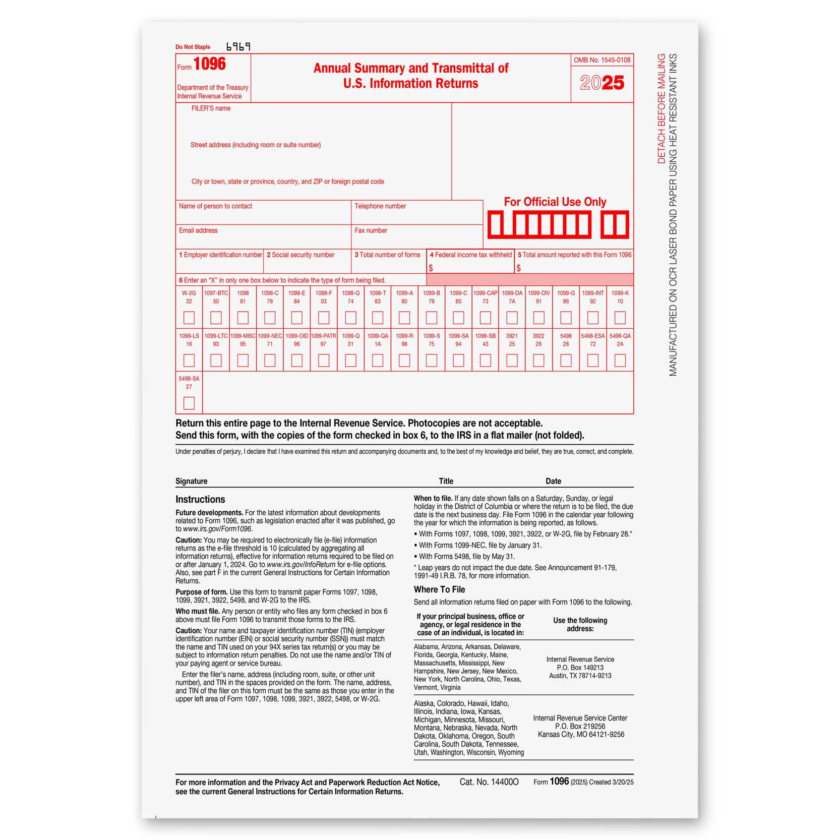 1096 Transmittal Forms 2024, 1096 Transmittal Laser Forms IRS Approved Designed for Tax Software and Accounting Software 2024, 15 Pack Tax Forms, 15 Forms