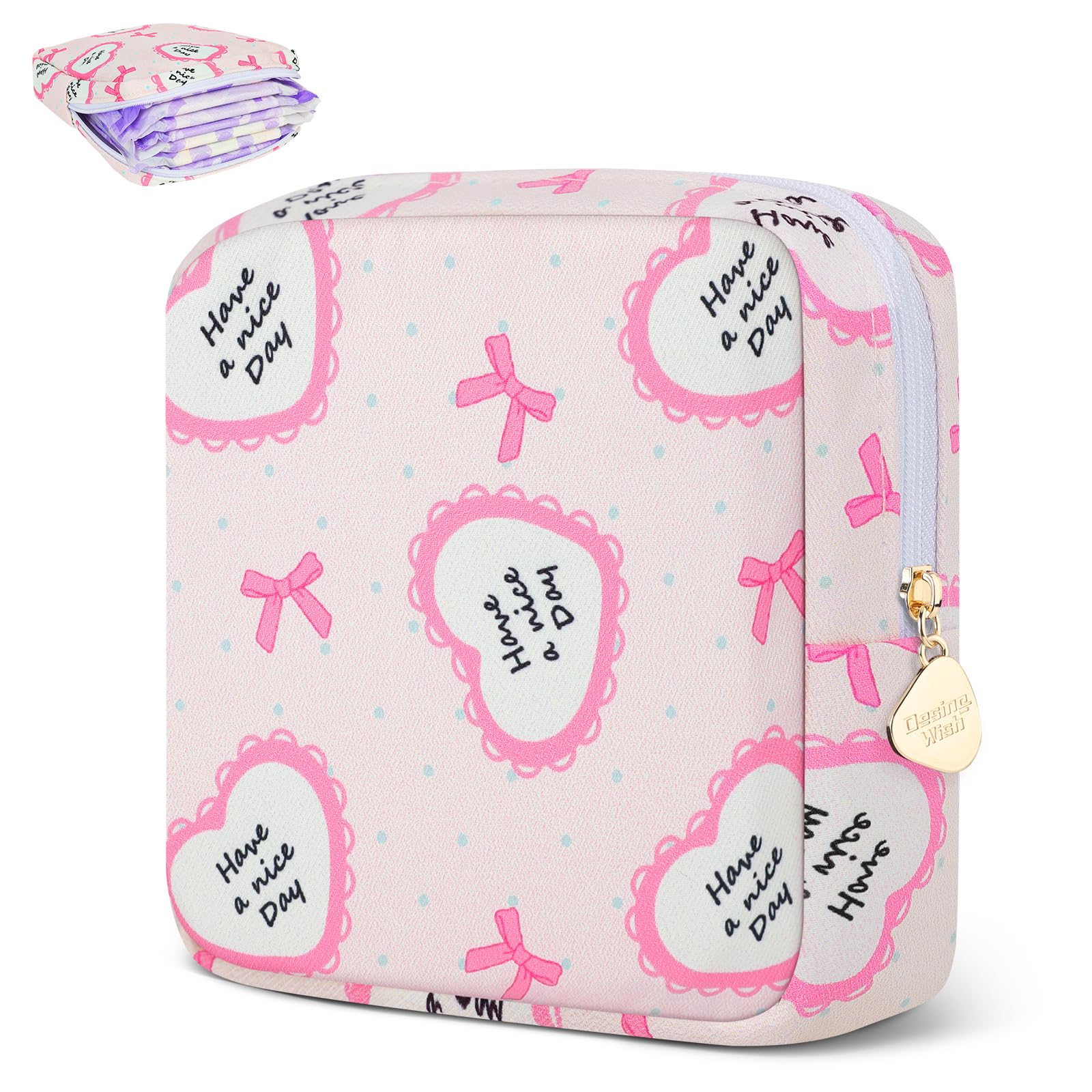 Sanitary Pad Storage Bag Portable Period Bag for Teen Pads/Sanitary Napkins/Small Tampons, Sanitary Napkin Storage Bag First Period Gifts for Teen Girls (Bowknot Heart)