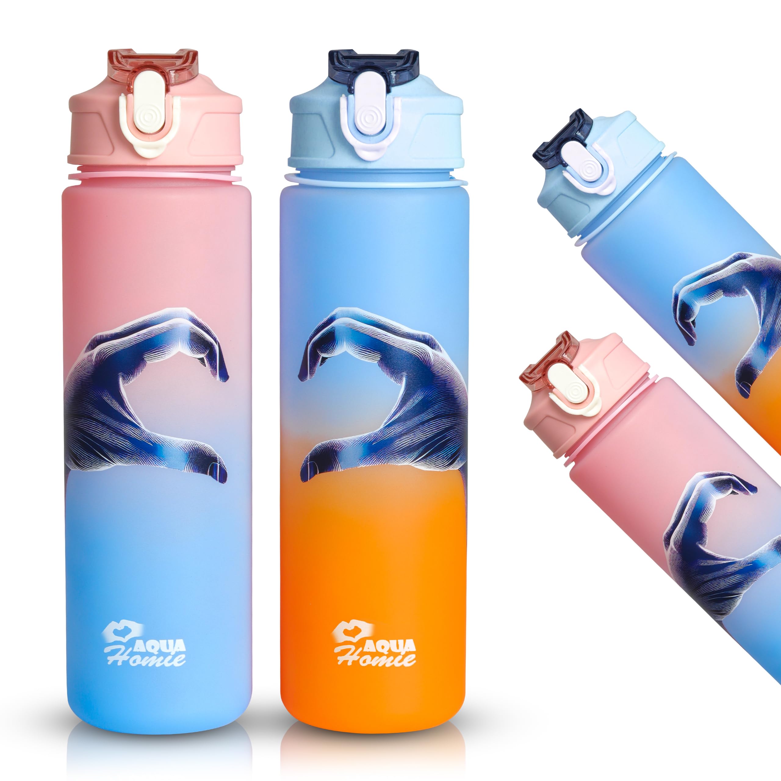 Pack of 2 Water Bottle with Straw 750ml – Leakproof BPA Free Sports Water Bottle for Gym, School & Travel – Motivational Drinking Bottle with Time Markings for Kids & Adults(Blue-Orange/Pink, 750ml) — image 1