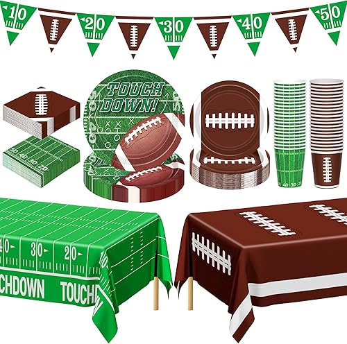 QZYL Football Party Decorations Serve 24, 99 Pcs Football Party Supplies, Disposable Football Dinner Plates Football Dessert Plates Napkins Cups Tablecloth Banner for Game Day Party Favors Decor