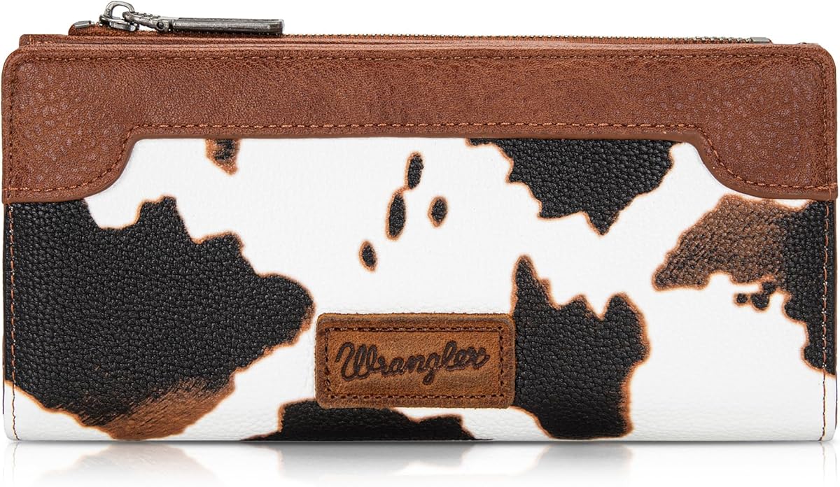 Wrangler Cow Print Wallets Womens Bifold Credit Card Wallet Women's Wallets, Card Cases & Money Organizers Brown Wallet for Women Ladies Female Cash Wallett with Smooth Zipper
