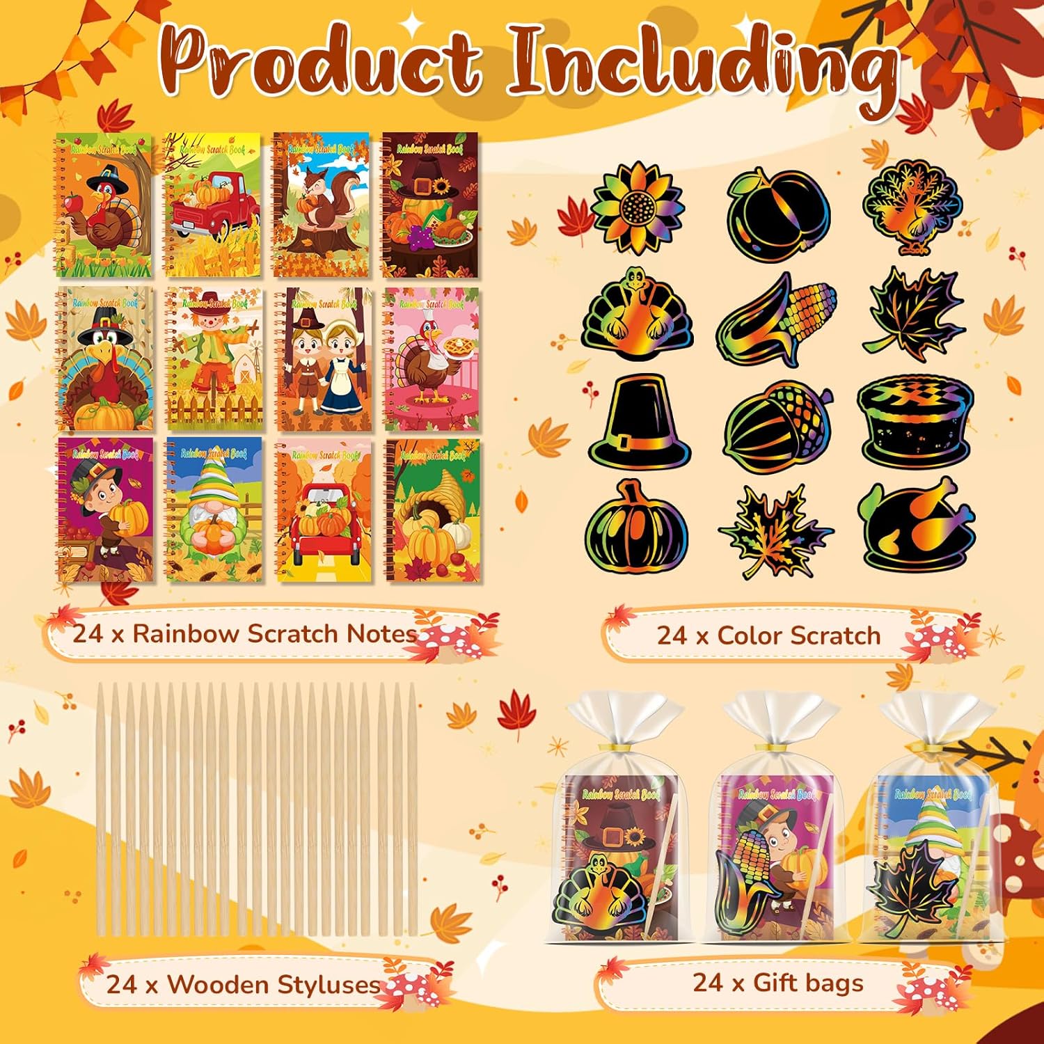 24 Pack Thanksgiving Scratch Art Party Favors for Kids - Rainbow Scratch Paper with Fall Party Scratch Off Cards Pumpkin Birthday Goodie Bag Stuffers - Return Gifts DIY Classroom Prize