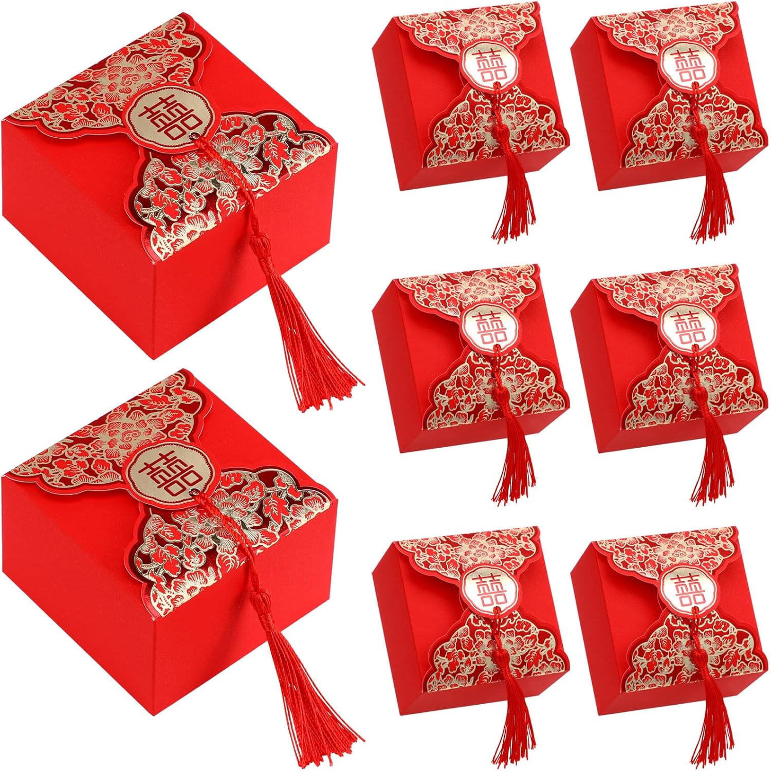 Abaodam Wedding Candy Box 20Pcs Chinese Style Xi Favor Boxes with Tassel Ribbon Portable Candy Storage Case for Wedding Baby Shower Birthday Party 3.18X3.18X1.96In