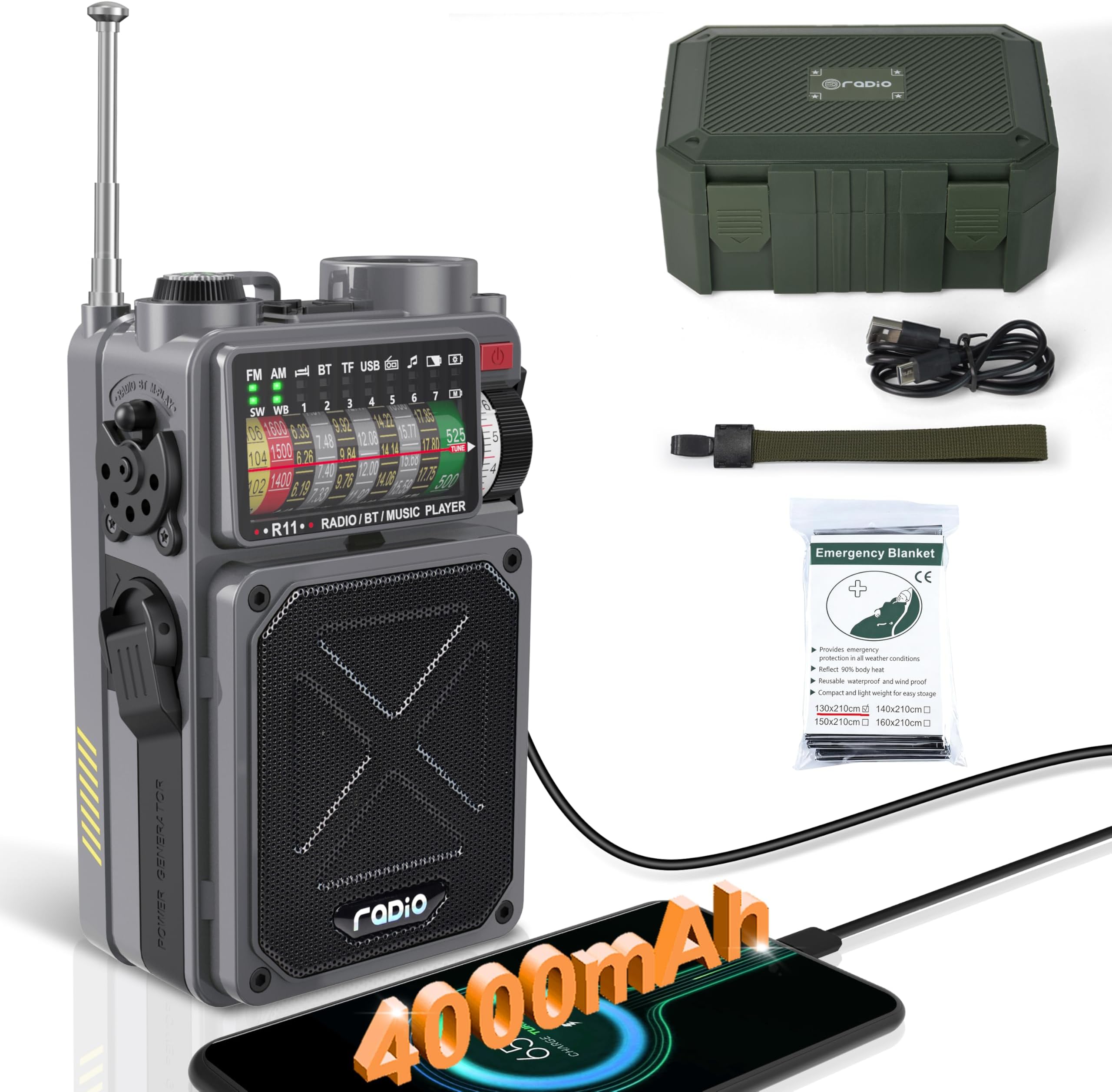 R11 Portable Shortwave Radio - 4000mAh/14800mWh NOAA/SW/AM/FM, Solar/Hand Crank/USB Charging, Bluetooth Receiver/USB/TF Playback,with Compass,Flashlight,SOS for Camping & Emergencies - Grey
