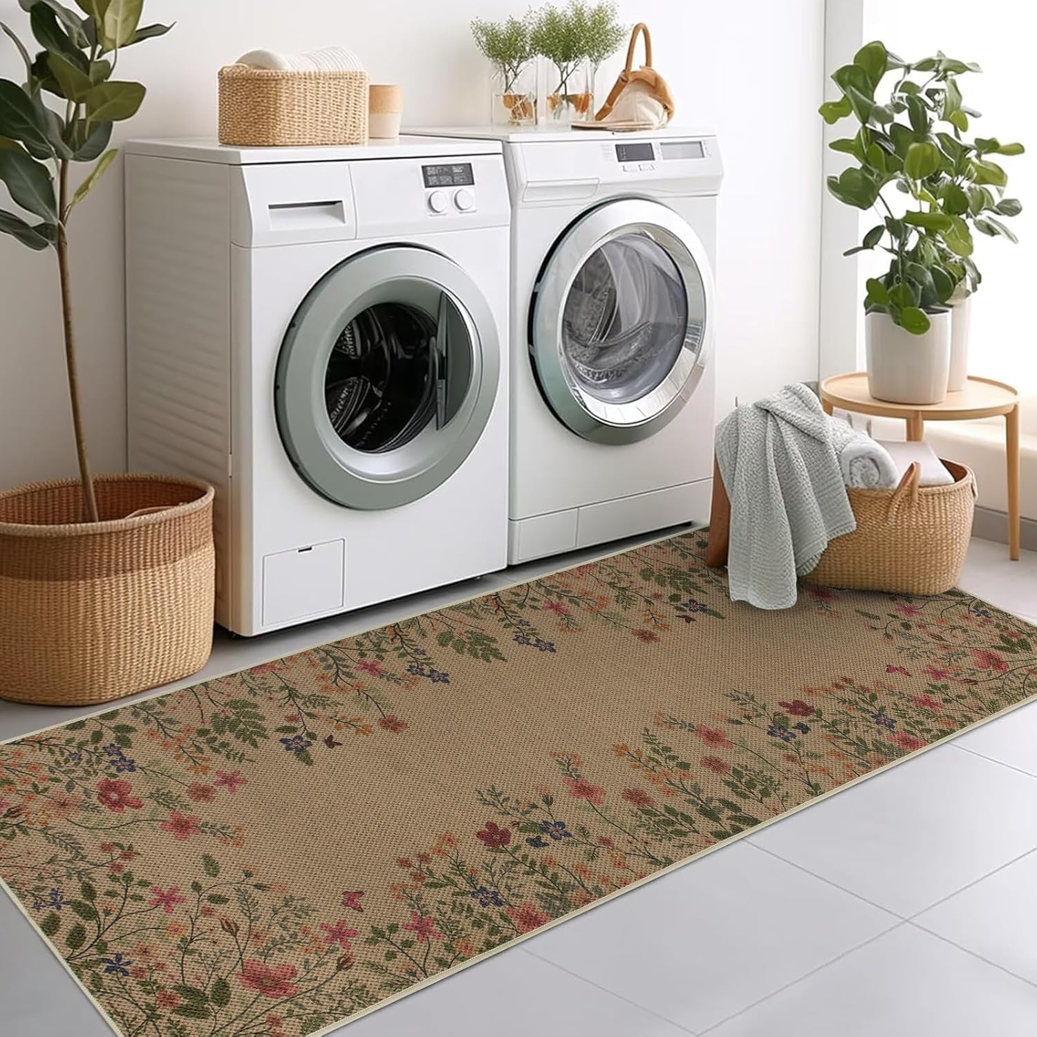 Easy Jute Floral Runner Rug for Kitchen, 2x6 Washable Hallway Runner Non Slip for Entryway Indoor, Farmhouse Botanical Flower Indoor Outdoor Rugs for Laundry, Bedroom, Bathroom, Beige