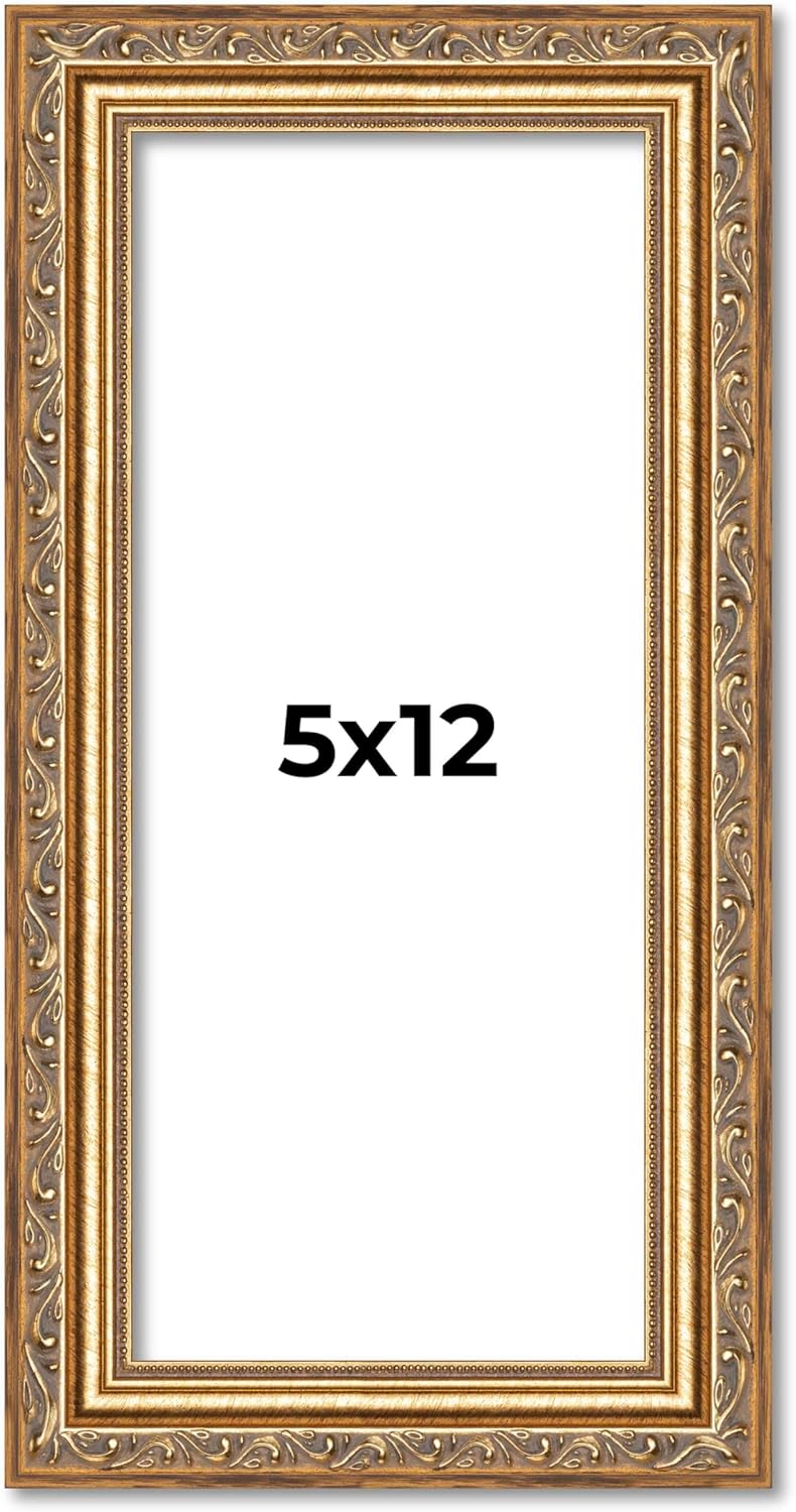 5x12 IN Frame Gold Solid Wood Picture Frame Width 1.25 Inches | Interior Frame Depth 0.375 Inches | Warwick Metallic Photo Frame Complete with UV Acrylic, Foam Board Backing & Hanging Hardware