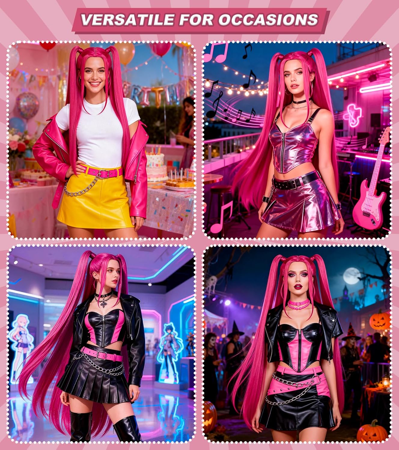 Long Straight Hot Pink Cosplay Wig with 2 Ponytails - Synthetic Anime Wig for Halloween, Carnival, Costume Parties, Women Adults
