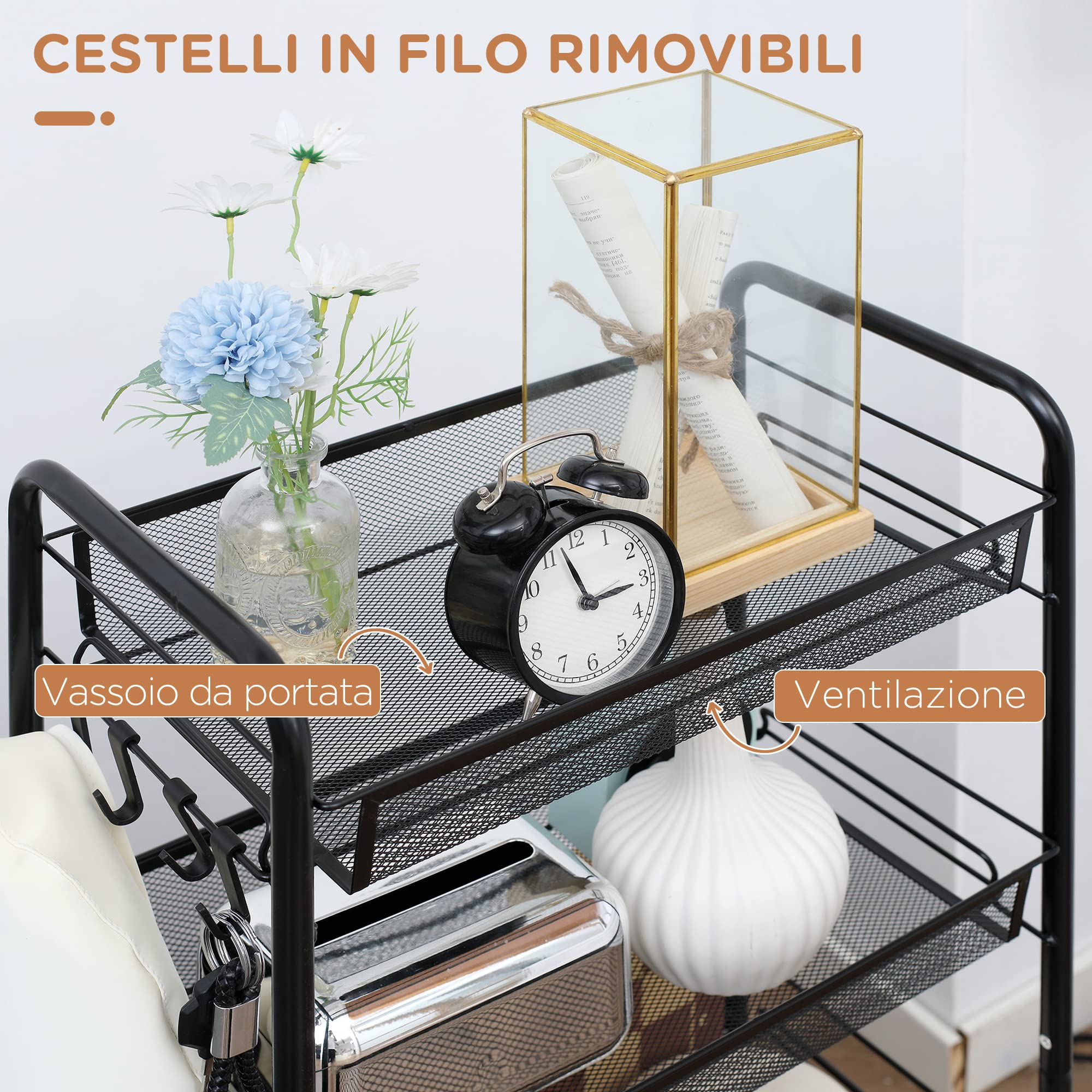 HOMCOM Carrello da Cucina Salvaspazio a 4 Livelli con Cestini a Rete, Carrello Portaoggetti per Salotto e Camera in Acciaio, 45x26.5x84 cm, Nero