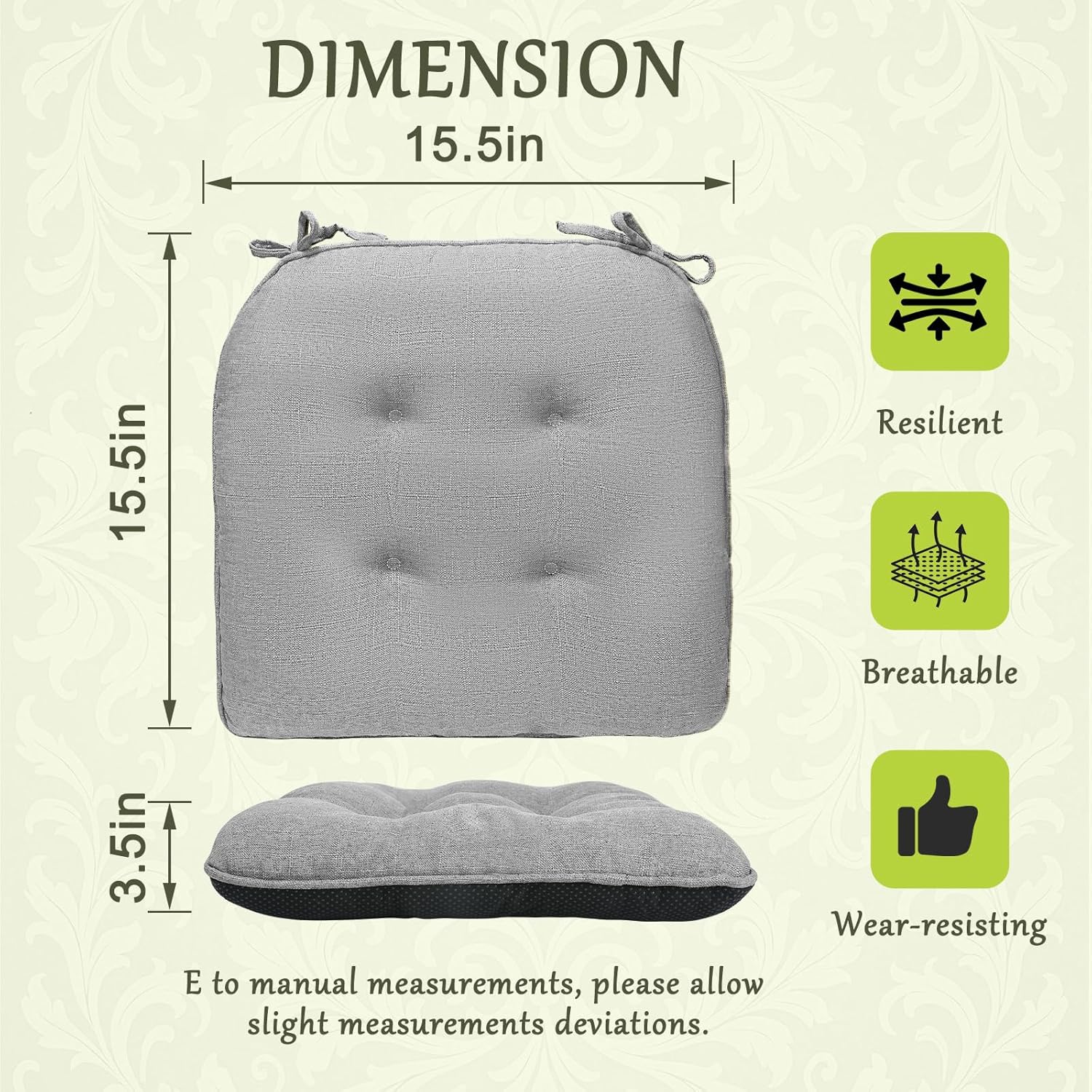 d-shaped chair cushions, 4" thick dining chair pads machine-washable, seat cushions for chair 15" x 15", set of 4 pad-grey grey 15" x 15"- 4 pack