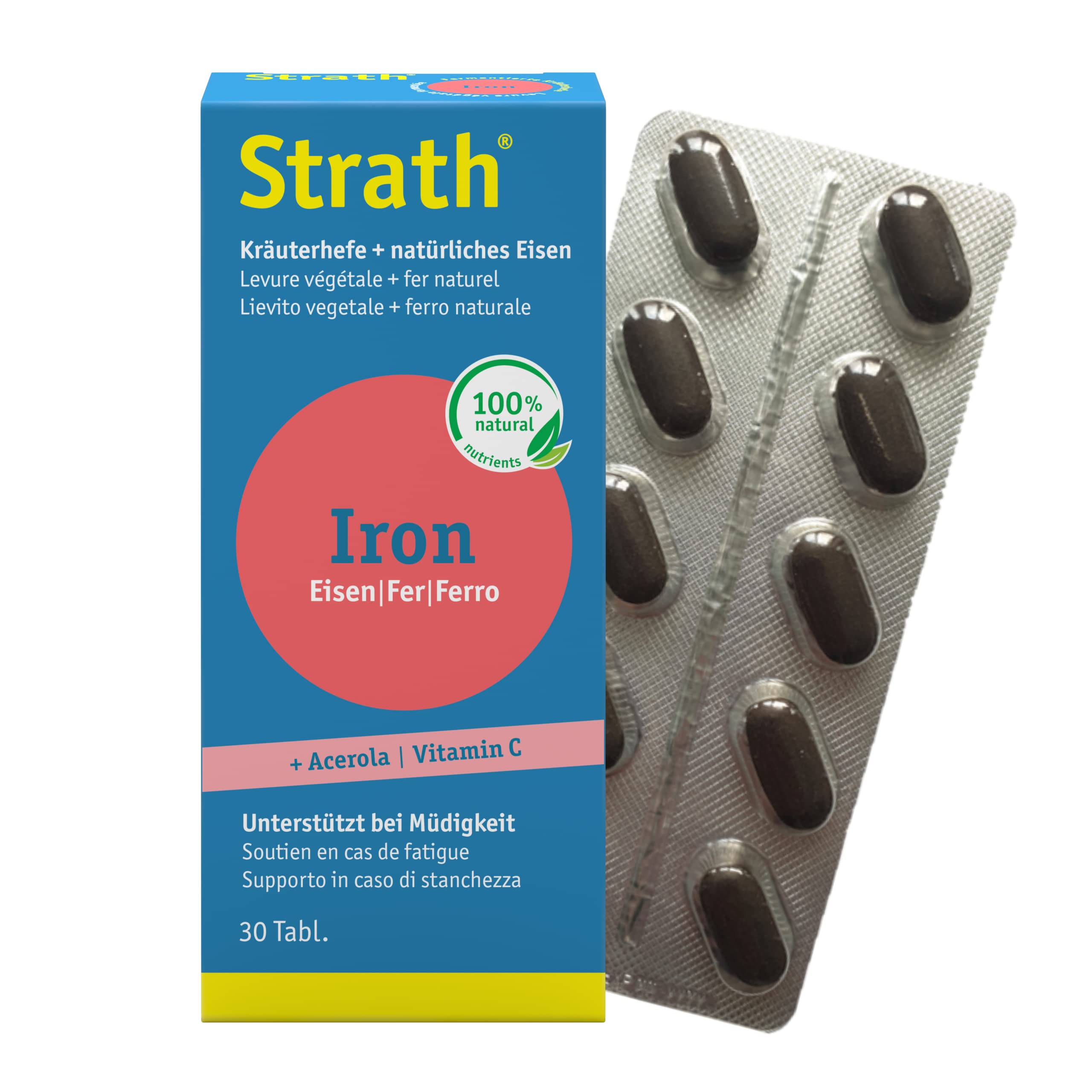 Strath Iron - Integratore con plasmolisato vegetale, ferro naturale, vitamina C da acerola - Elevata biodisponibilità, ottima tollerabilità, insapore - 30 compresse