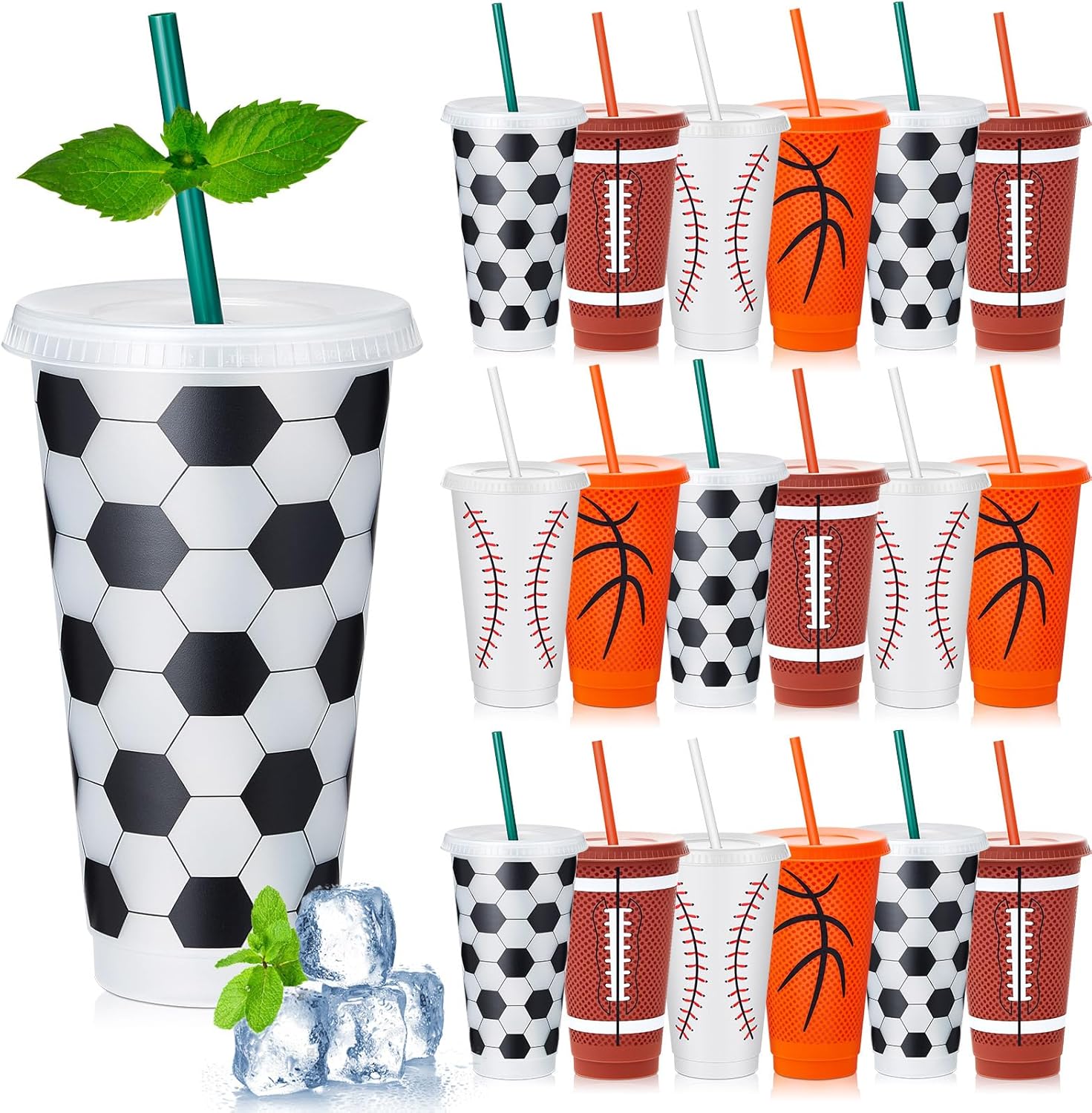 Uiifan 24 Pcs Sports Themed Party Decoration Cups 24 oz Soccer Plastic Tumblers with Lid and Straw Reusable Cups Bulk for Coach Kids Adults Boyfriend Birthday or Sports Party Decor