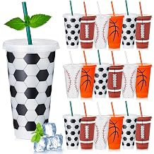 Uiifan 24 Pcs Sports Party Favors Cups Sports Plastic Tumblers with Lid and Straw 24 oz Reusable Cups Bulk for Coach Kids Adults Boyfriend Birthday Party Supplies Decorations