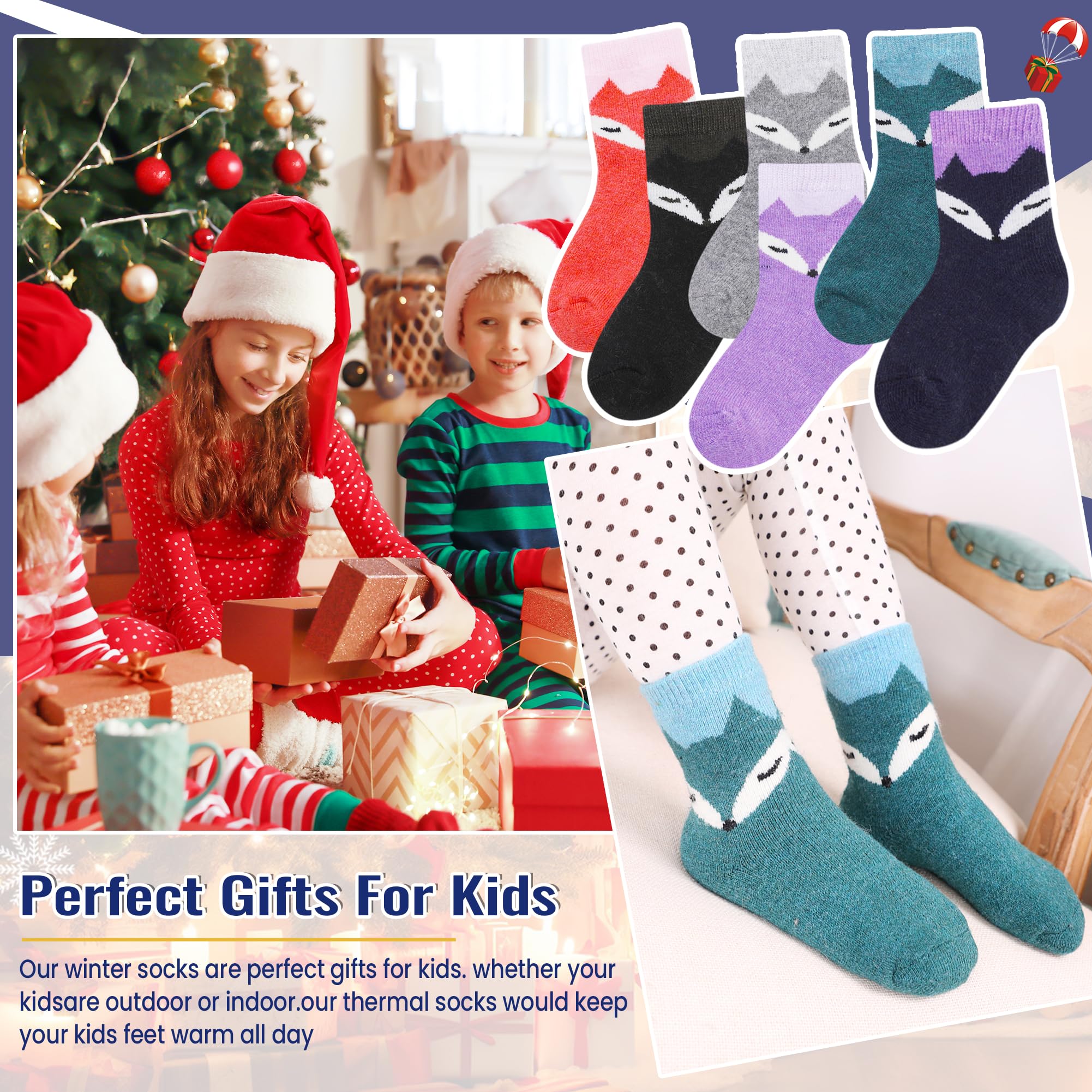 Eocom Calcetines de lana para niños, de lana cálida, para senderismo, térmicos, gruesos, acogedores, para niños y niñas, 6 pares