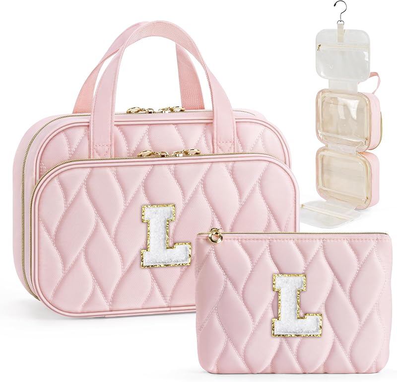 Necessaire de viagem YOOLIFE com gancho, 4 compartimentos, inicial L, rosa