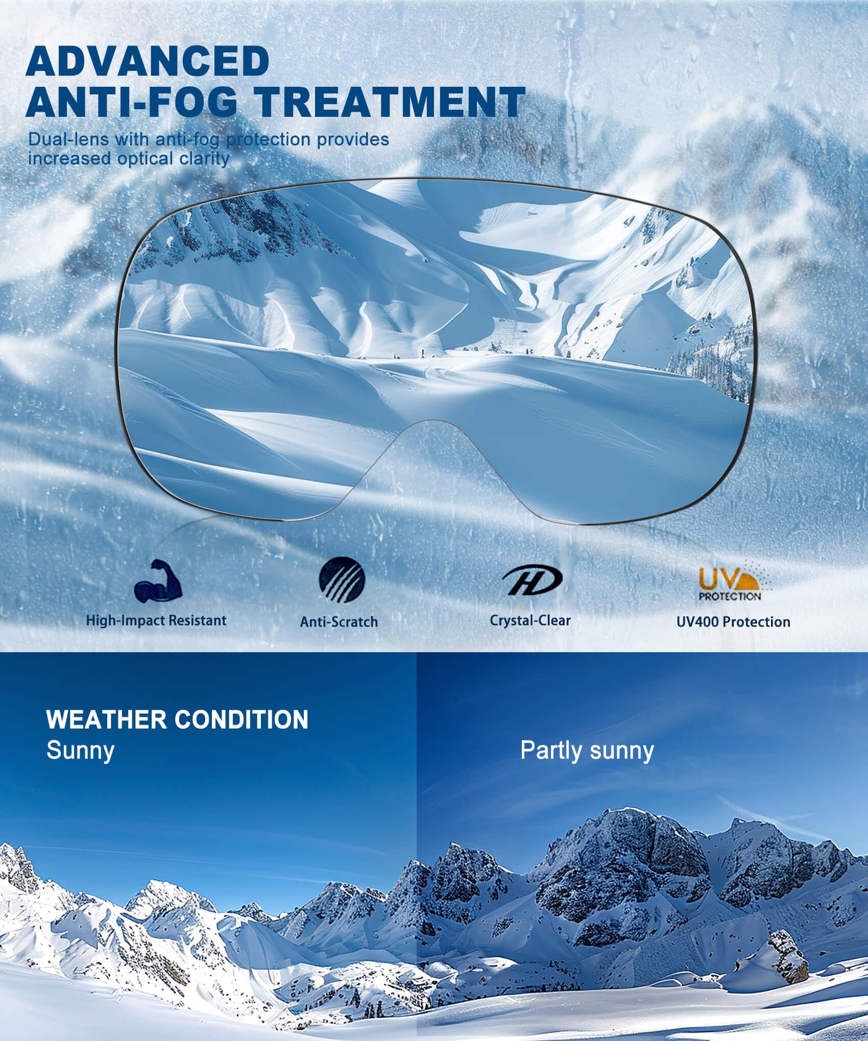 Confezione da 2 occhiali da sci per uomo e donna, occhiali da neve antinebbia, occhiali da snowboard con protezione UV al 100%