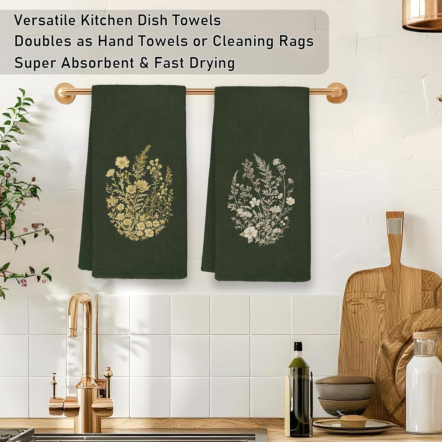 Green Floral Kitchen Towels, Rustic Farmhouse Flower Hand Dish Towels Decor, Nature Cottagecore Botanical Tea Towel for Kitchen Bathroom Decorative, Floral Bathroom Decor, 16x24 Inch Set of 2 - Image 3