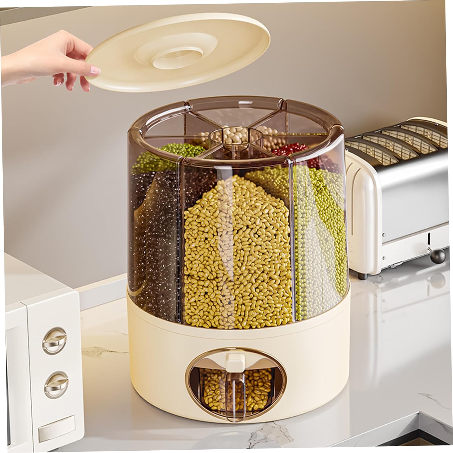 Grain Dispenser, 360° Rotating Clear Rice Bucket with 6 Compartment, One-Click Output Cereal Dispenser with Lid for Kitchen