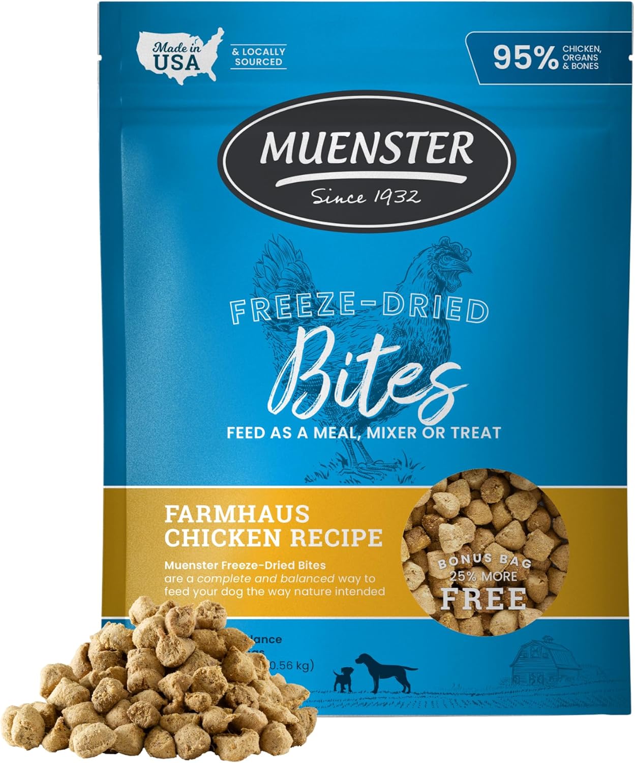 Muenster Freeze Dried Chicken Bites - Dog Food, Treat, Mixer or Topper (20oz) - Grain Free.
