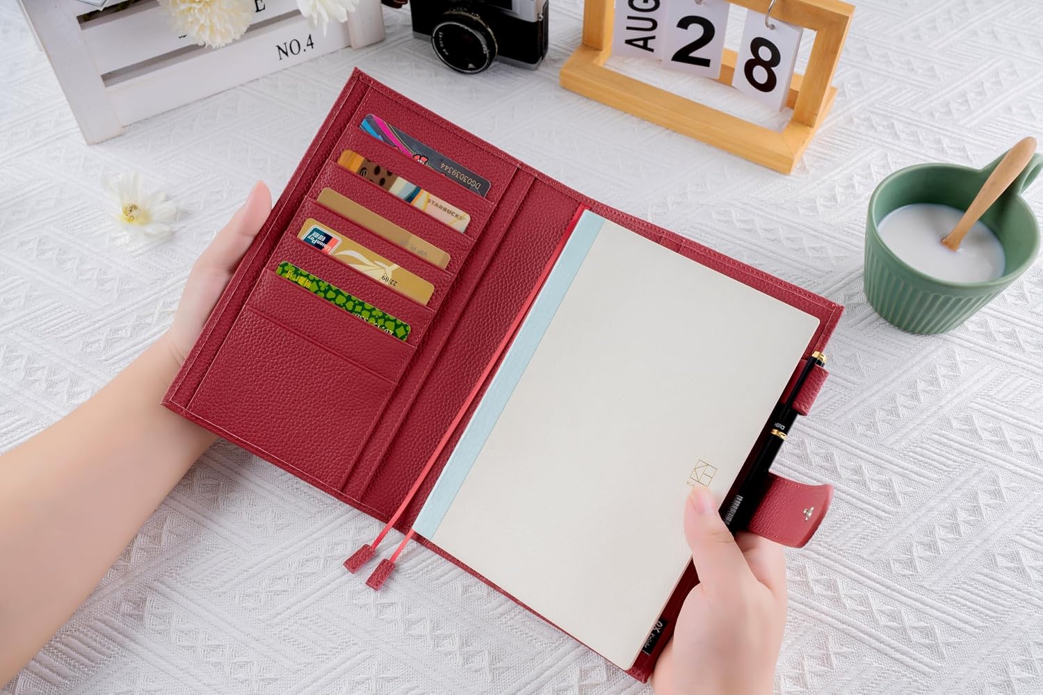 Premium A5 Leather Notebook Cover - 6 Card Slots, 2 Bookmarks, Fits Hobonichi Cousin, Stalogy, Midori MD, Pen Loop & Back Pocket