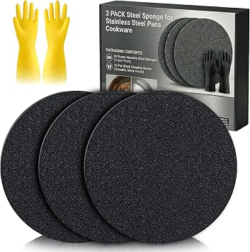 3PACK Korea Steel Sponge for Stainless Steel Pans Cookware - Croppable Professional Stainless Steel Pan Sponges for Heavy Duty Burnt-On Stain Removal, Mirror Shine Restorer 3PCS