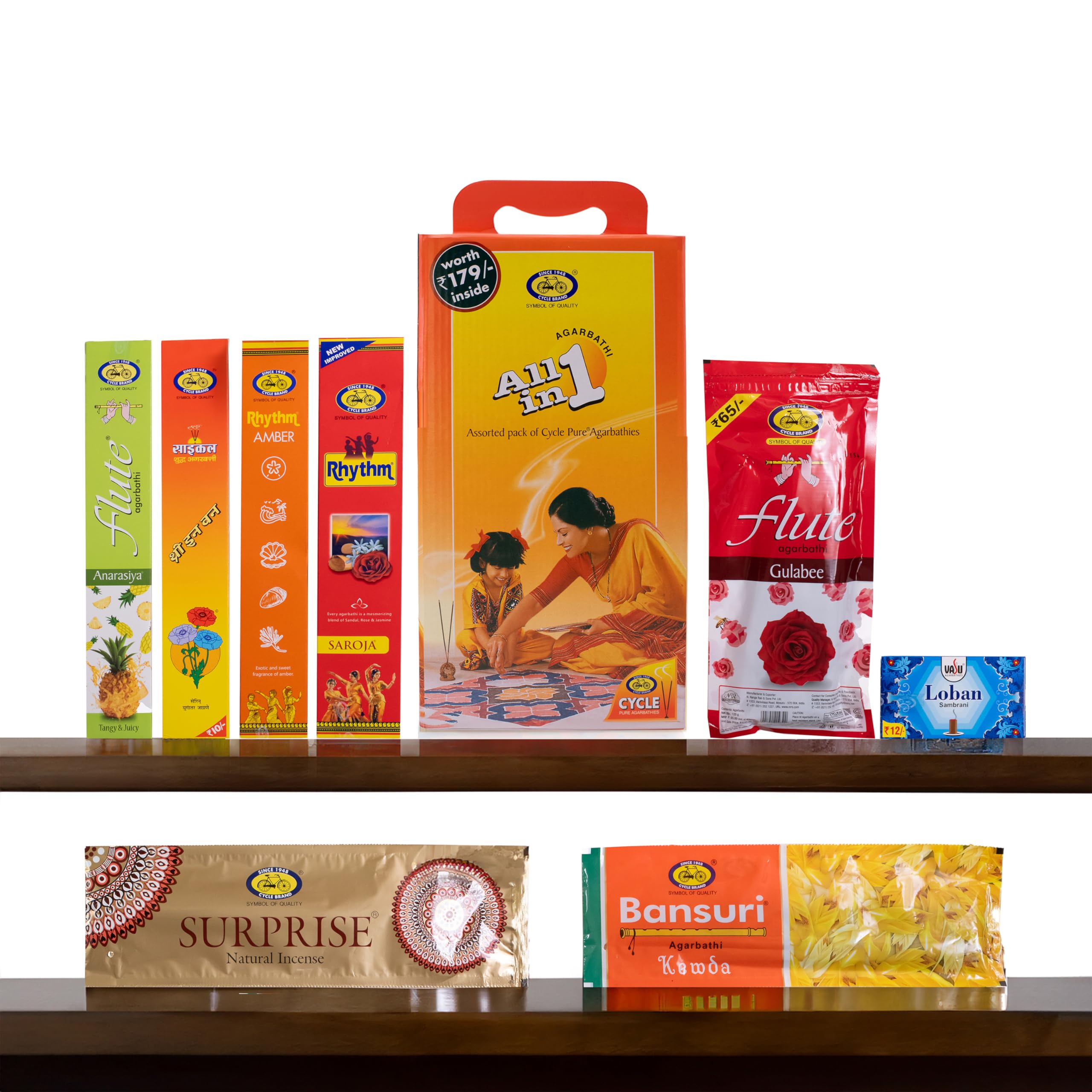 Cycle Pure All in One Assorted Incense Sticks || 8 Assorted Agarbathi Packets || in a Pack of 2 Boxes (173 Nos per Pack) / Floral, Woody, Masala, Fruity, Natural Fragrance