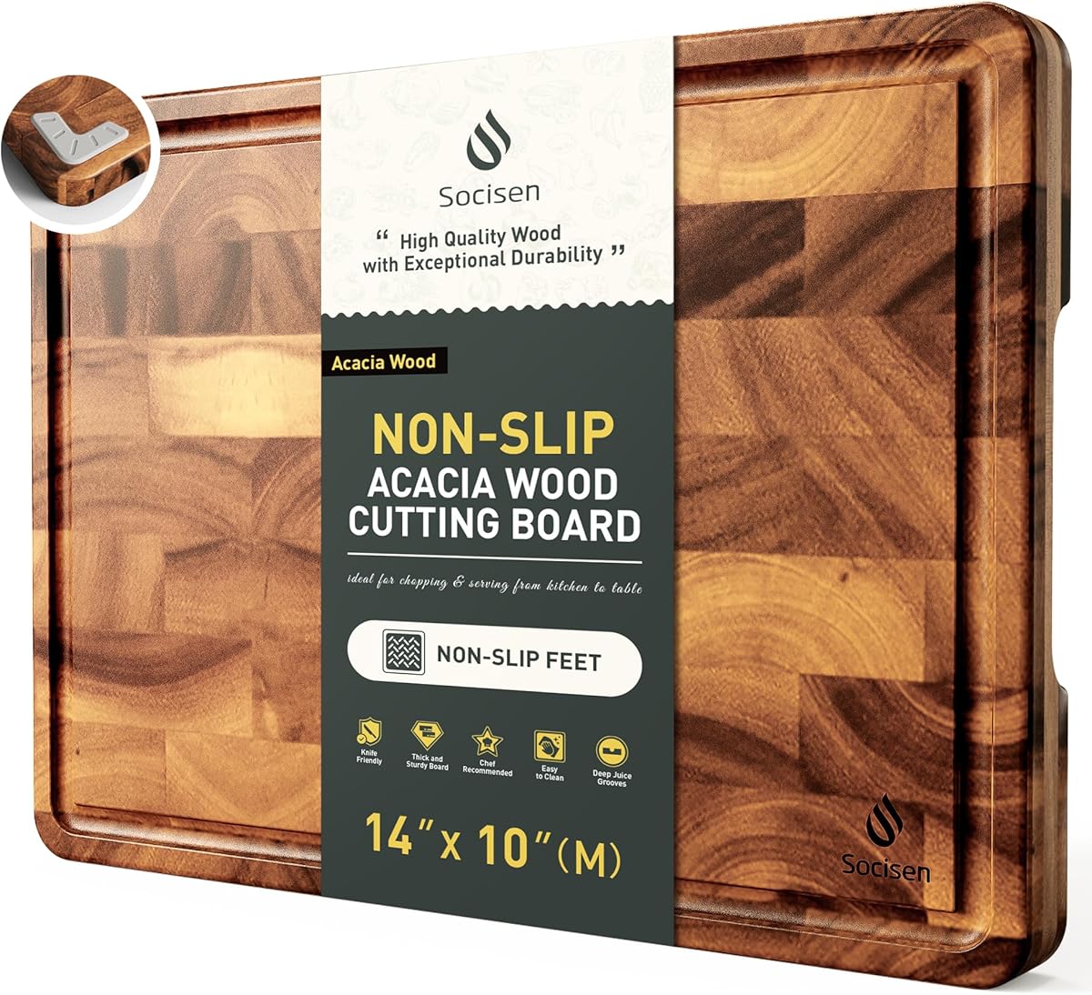End Grain Cutting Board for Kitchen with Non-slip Feet, Acacia Wood Heavy Duty Checkered Cutting Board Handcrafted Luxury Chopping Board for Cooking and Serving Wooden Butcher Block Non Toxic