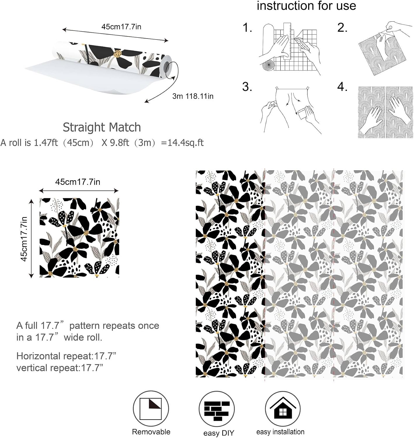 Black White Floral Peel and Stick Wallpaper Wildflower Self Adhesive Wallpaper Removable Contact Paper Stick on Wall Paper for Kitchen Bedroom Bathroom