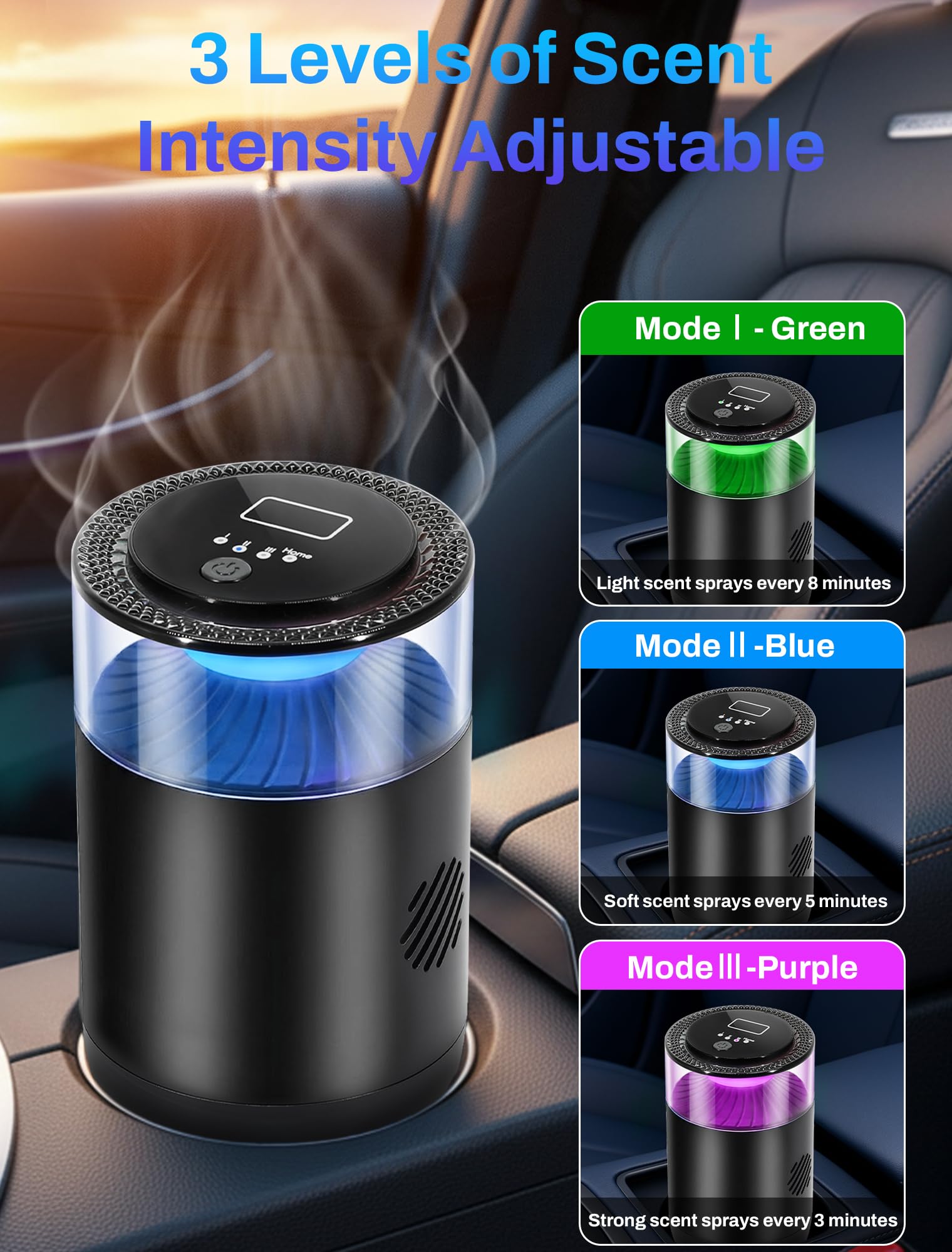 Ambientador inteligente para coche, fragancia de luz ambiental y niebla, paquete de 2 recambios para 6 meses, encendido/apagado automático, 3 modos ajustables, ambientador negro perfecto para coche