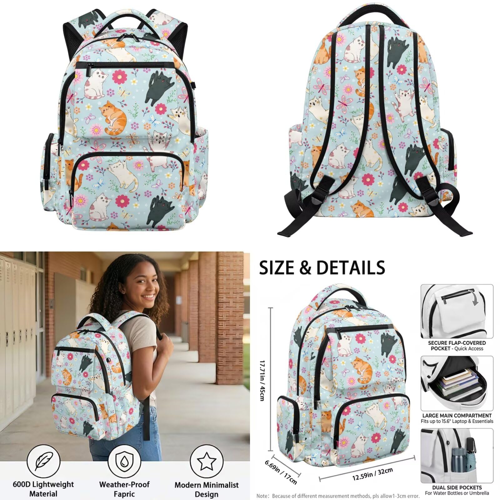 Kinder Rucksack Set 4-in-1 für Grundschule Mittelschule Schultasche mit Lunchbox Federmäppchen Wasserflasche Tasche für Mädchen Jungen, Hellblaue Katze mit Blumenmuster, Rucksack Backpacks