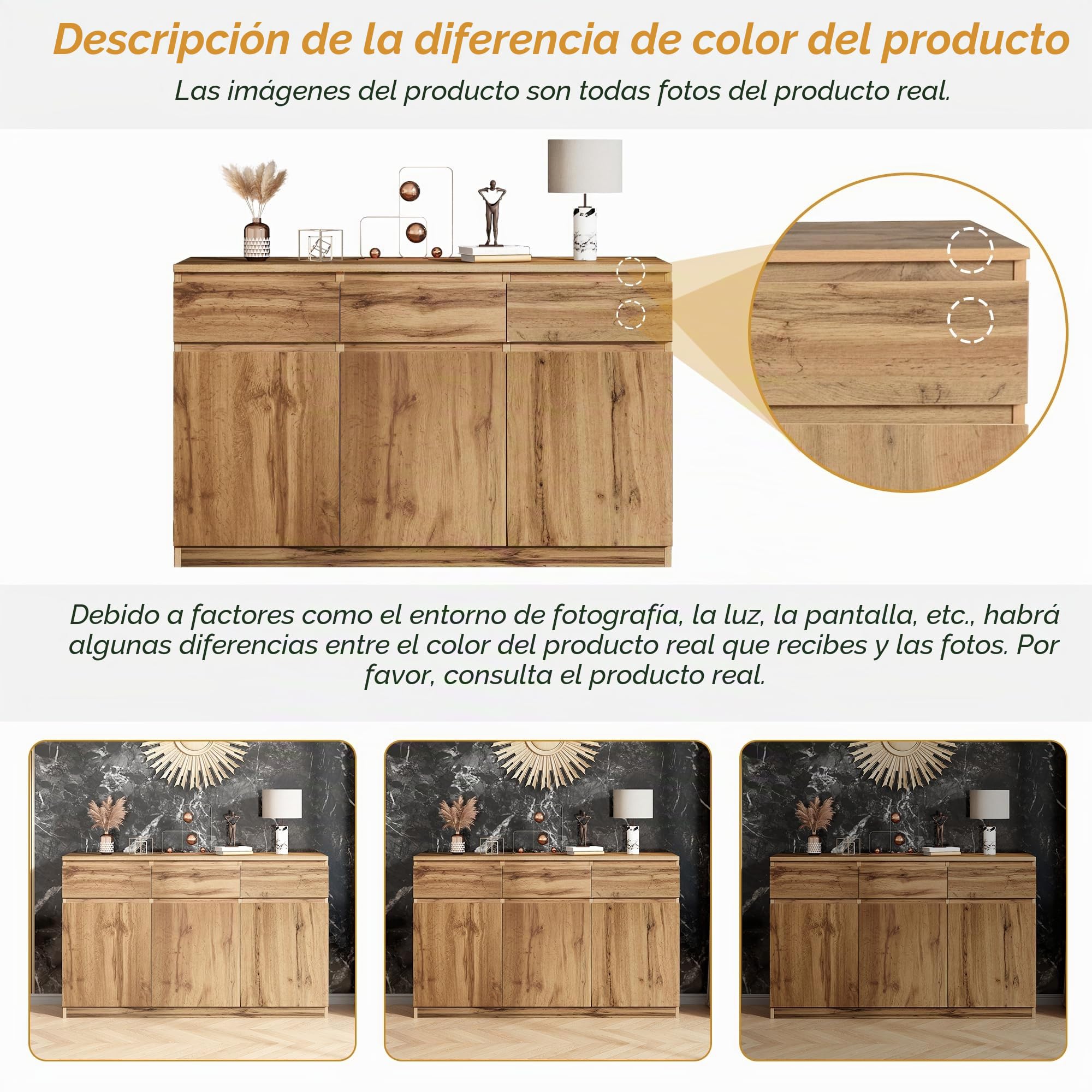 Mueble multifuncional, 135 x 40 x 81 cm, mueble decorativo de madera original, con 3 puertas y 3 cajones, aparador de cocina, cajonera, mueble recibidor