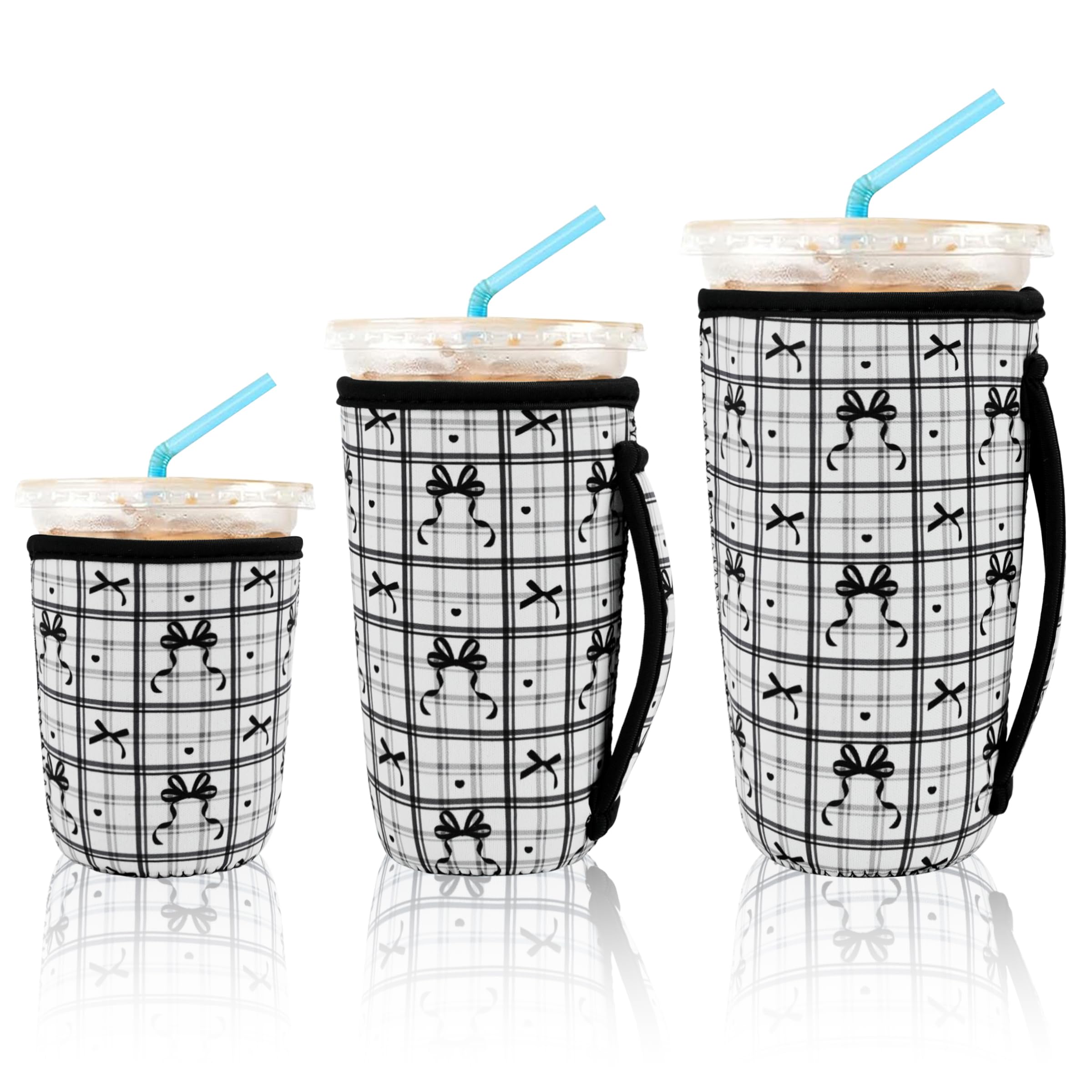 KJQJLY 3 Pack Reusable Iced Coffee Sleeves for Iced Coffee Cups or Drinks Reusable Neoprene Insulated Sleeves for Hot and Cold Drinks from Starbucks, Dunkin, And More (Black Bow)