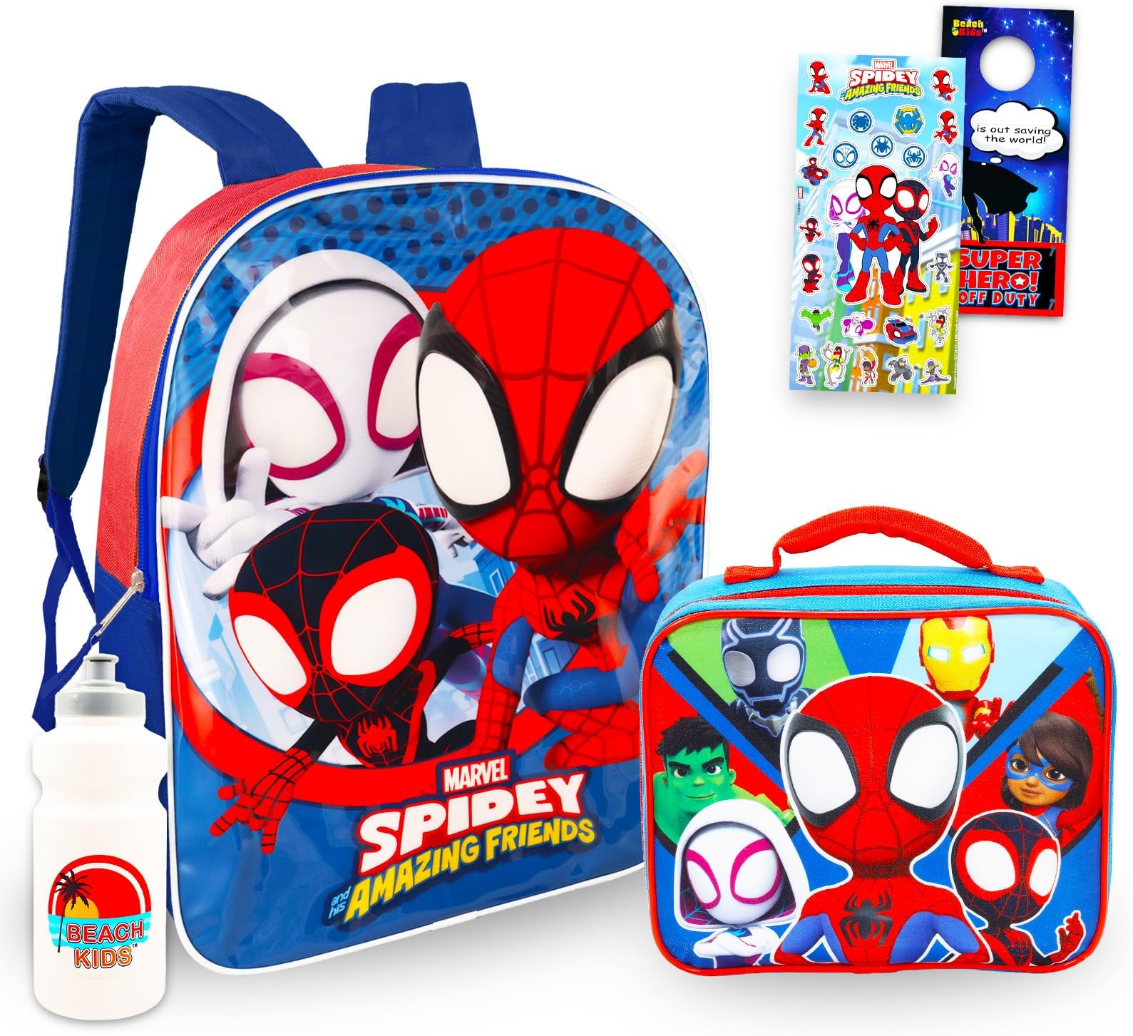 Spidey and His Amazing Friends Backpack with Lunch Box - Bundle with 15” Spiderman Backpack, Lunch Box, Water Bottle, Stickers, More | Spidey School Bag for Kids