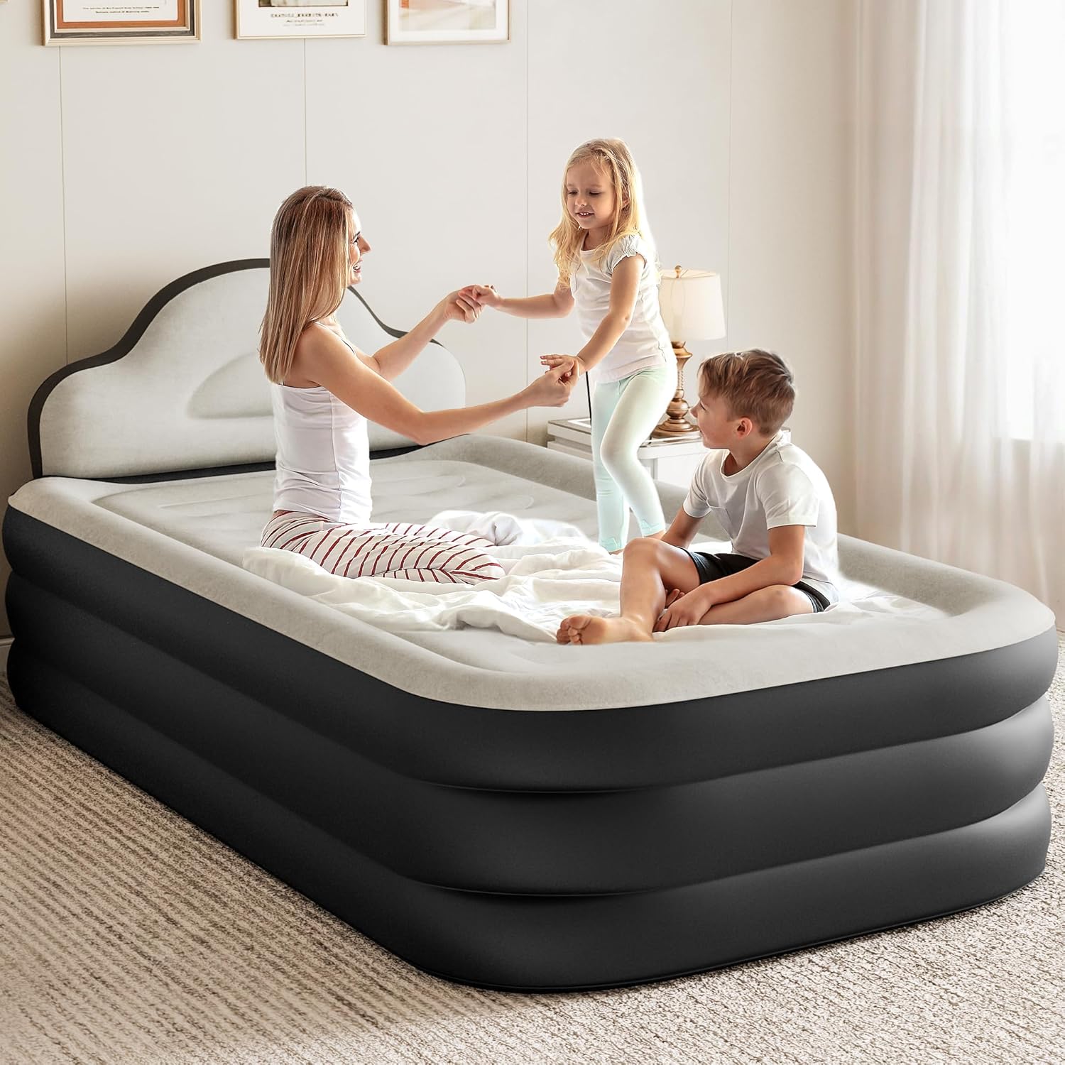 YITAHOME Twin XL Size Air Bed with Integrated Pump and Headboard, 18-inch Blow-Up Mattress Including Extra Inflation Valve, Carry Bag, and Repair Kit, Ideal for Travel, Camping, and Guest (Black)
