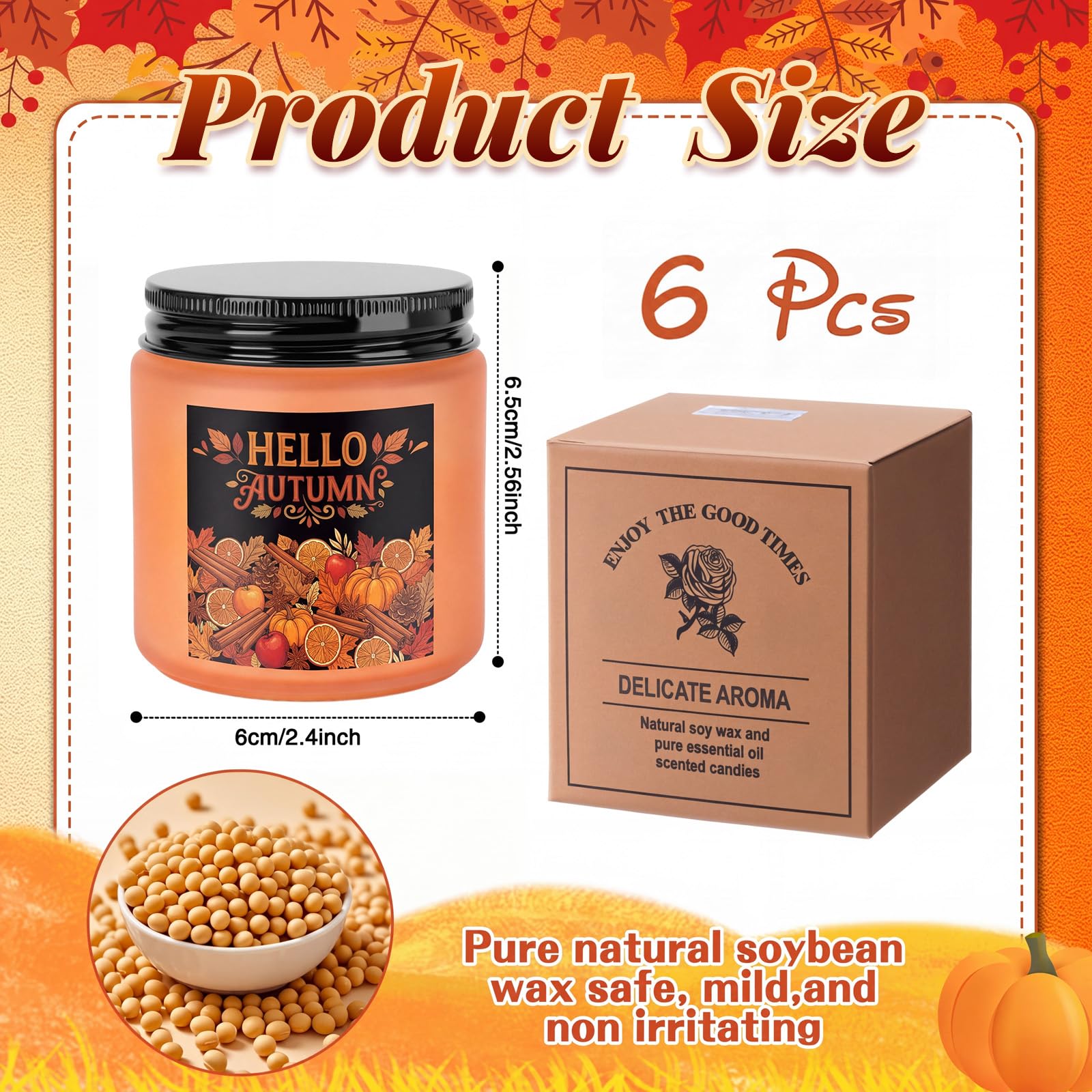 MTLEE Set di 6 candele profumate per la decorazione della casa, cera di soia autunnale, regalo per donne e uomini, profumo autunnale di torta di mele, zucca, vaniglia, cannella, mandarino, zucca erba