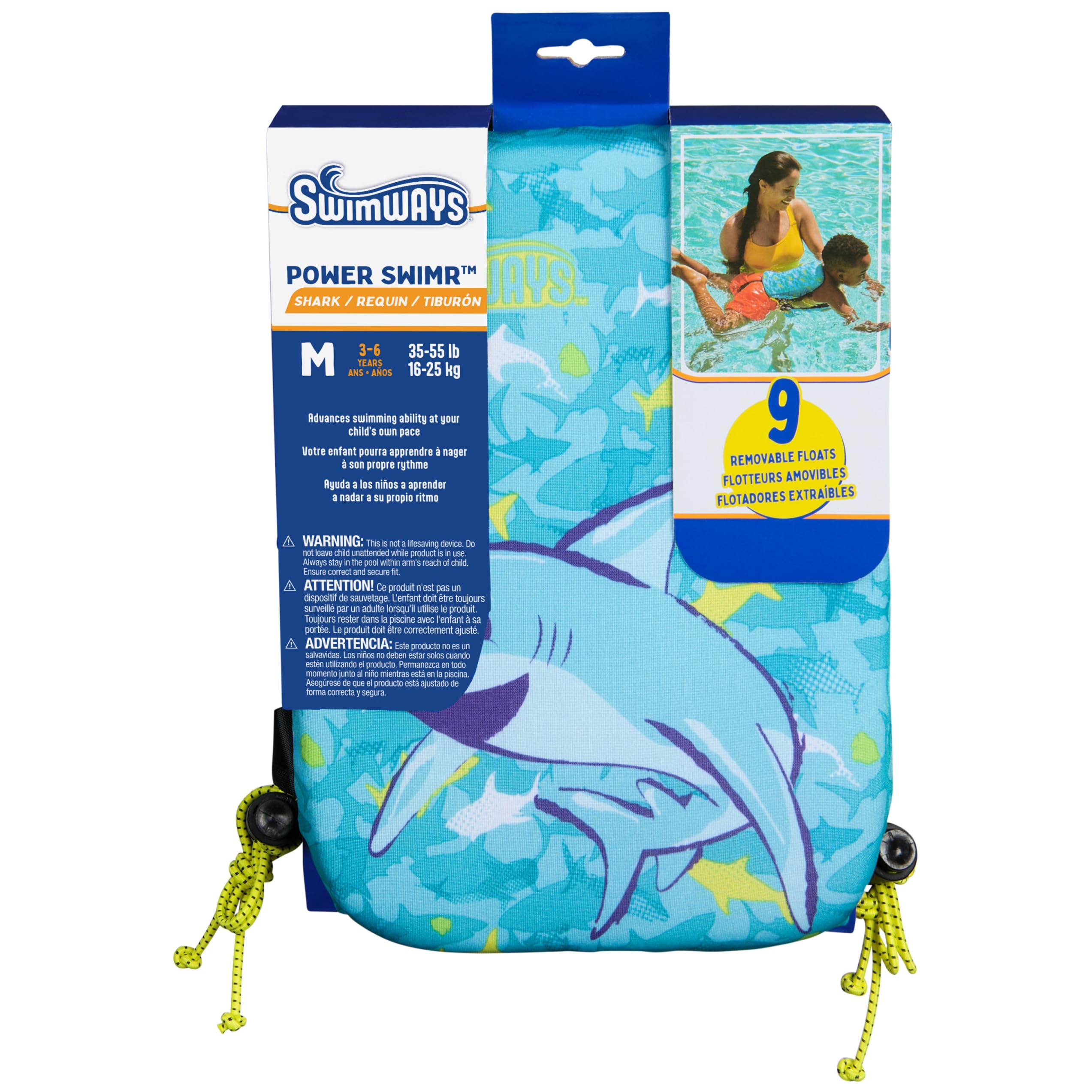 SwimWays Power Swimr - Chaleco de natación para piscina al aire libre para niños, flotador de piscina ajustable para entrenamiento de natación, mediano, tiburón