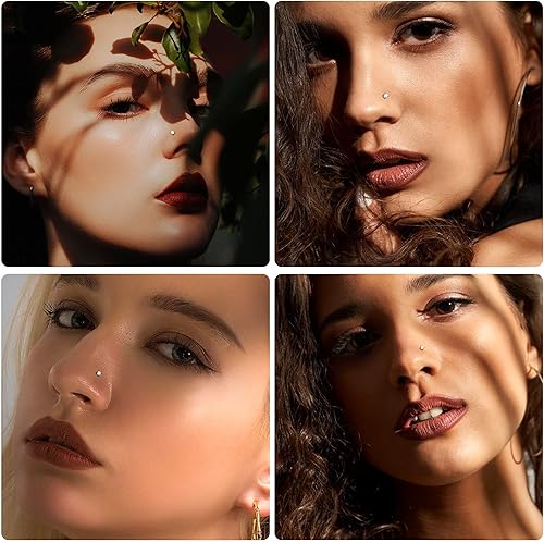 Miniatura 6 de THUNARAZ Anillos de nariz de 20G para mujeres y hombres, acero inoxidable 316L CZ D en forma de anillos de nariz joyería