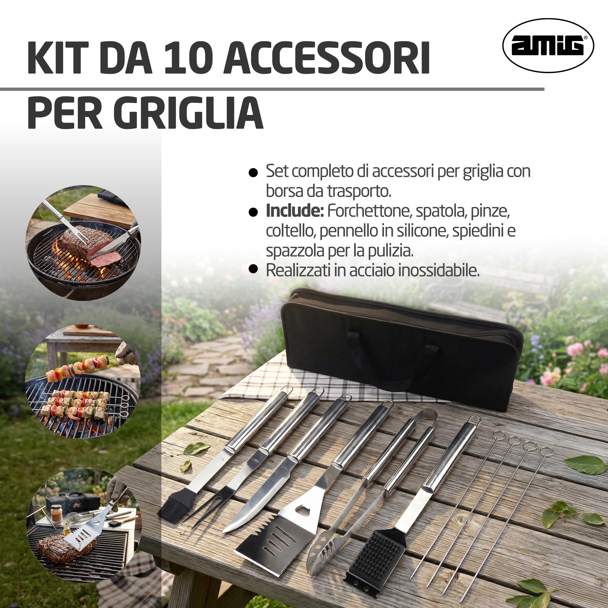 Amig - Kit 10 Accessori per Barbecue - Acciaio Inossidabile - Set Completo di Utensili - Accessori Pratici e Presentazione Curata per Regalo - Mod. AM03