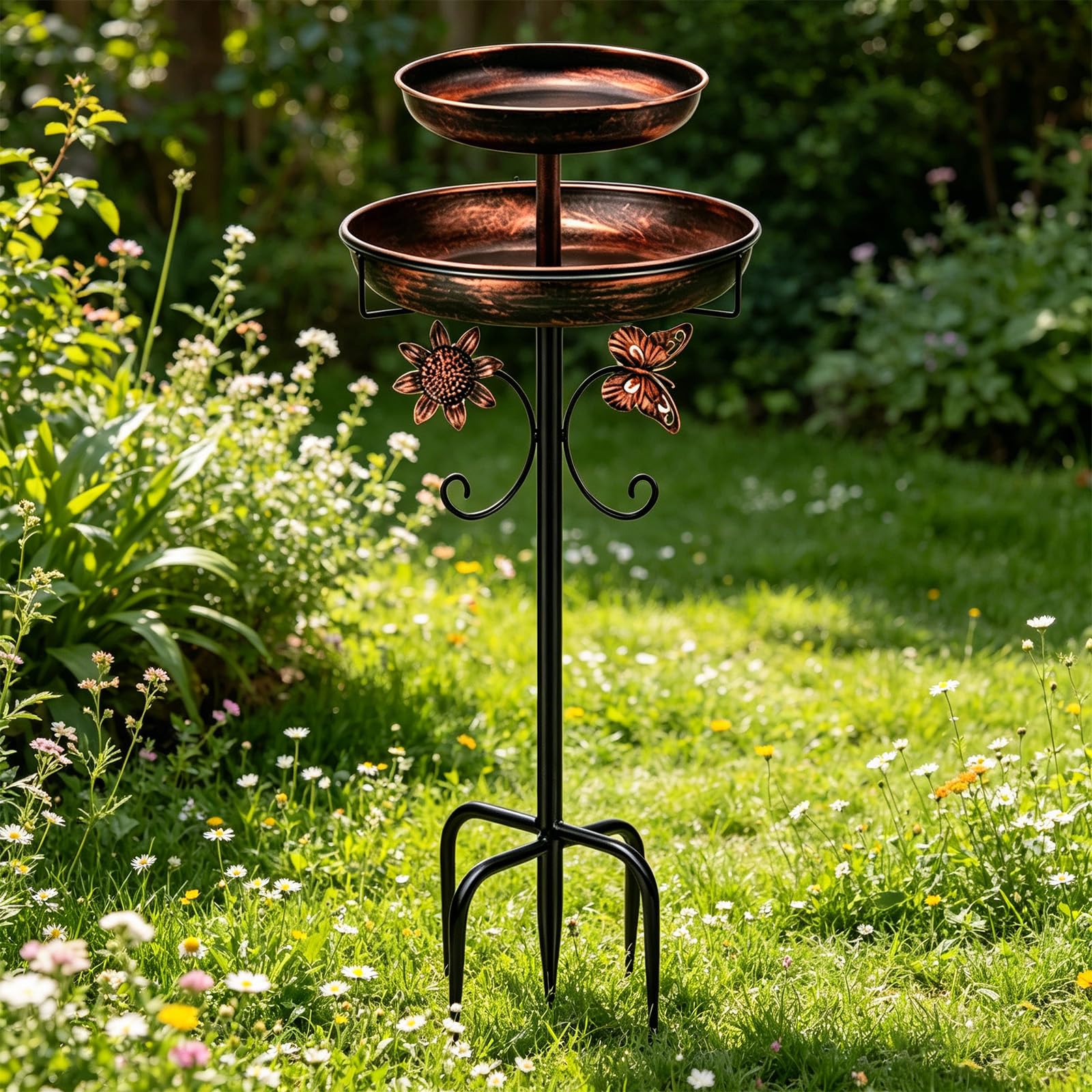 Soporte de metal para comedero de pájaros, doble función, resistente a la intemperie, fácil montaje, base estable, cuenco de metal para pájaros