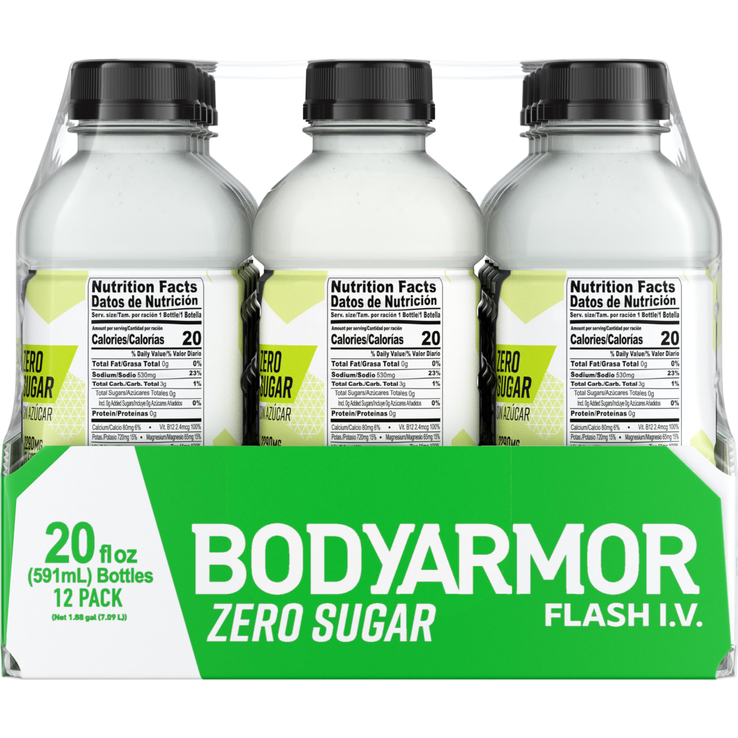BODYARMOR Flash I.V. Zero Sugar Electrolyte Beverage, Lemon Lime, Hydration Drink For Rapid Rehydration, Post Workout Recovery, 20 Fl Oz (Pack of 12)